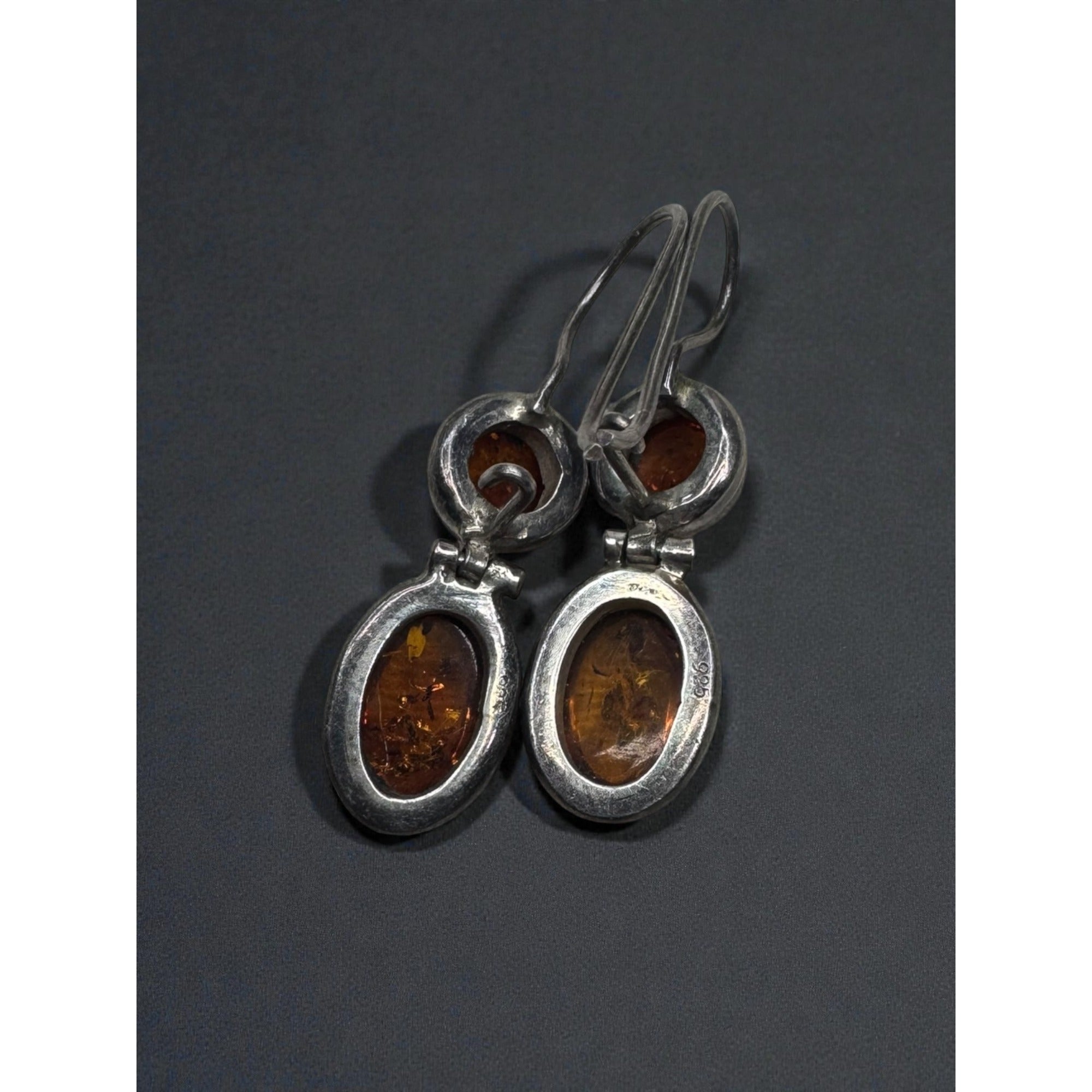 Sterling Silver Amber Double Drop Earrings Modernist Dangle Vintage Y2K 925
