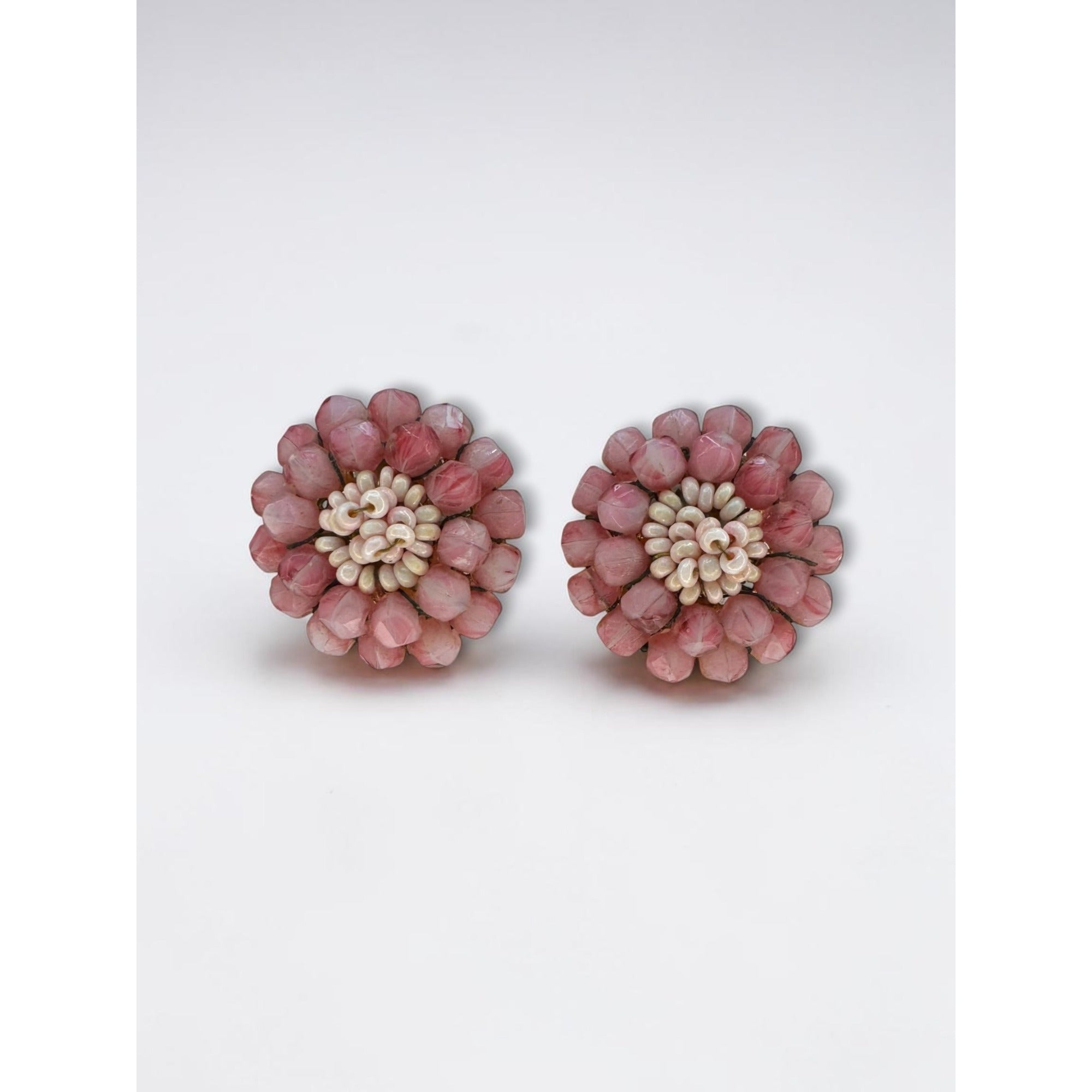 Vogue Pink Glass Beaded Cluster Flower Clip On Earrings Gold Tone Vintage 1960s