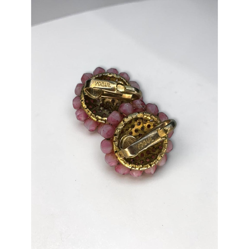 Vogue Pink Glass Beaded Cluster Flower Clip On Earrings Gold Tone Vintage 1960s