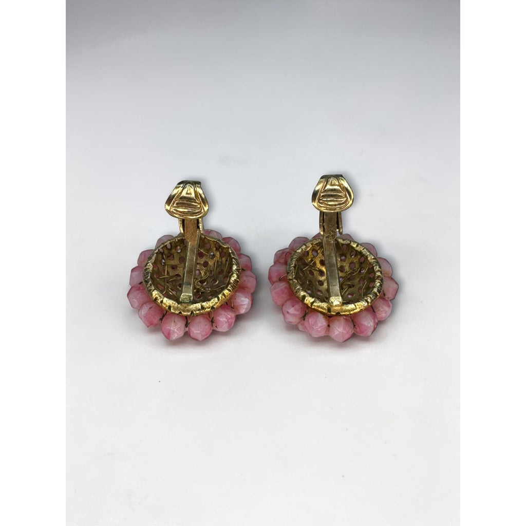 Vogue Pink Glass Beaded Cluster Flower Clip On Earrings Gold Tone Vintage 1960s
