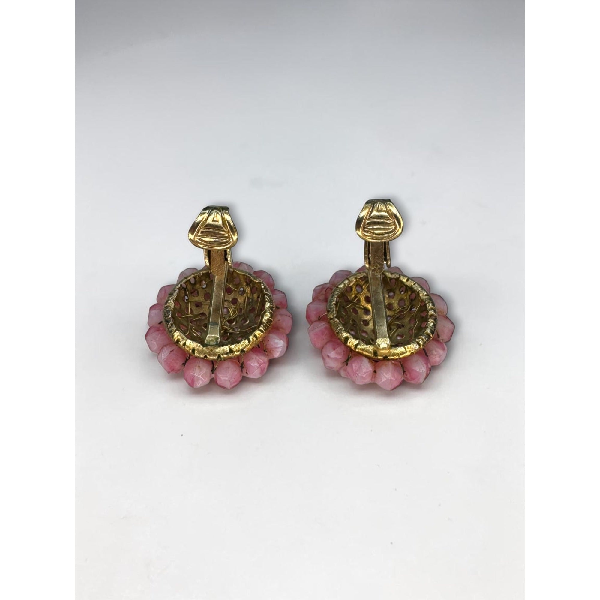 Vogue Pink Glass Beaded Cluster Flower Clip On Earrings Gold Tone Vintage 1960s