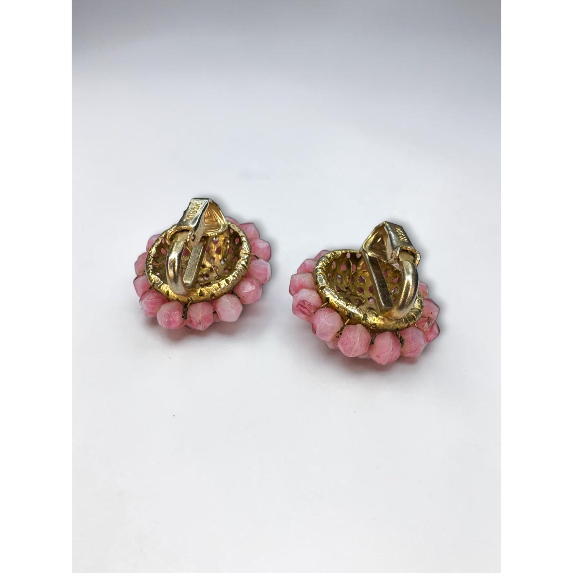 Vogue Pink Glass Beaded Cluster Flower Clip On Earrings Gold Tone Vintage 1960s