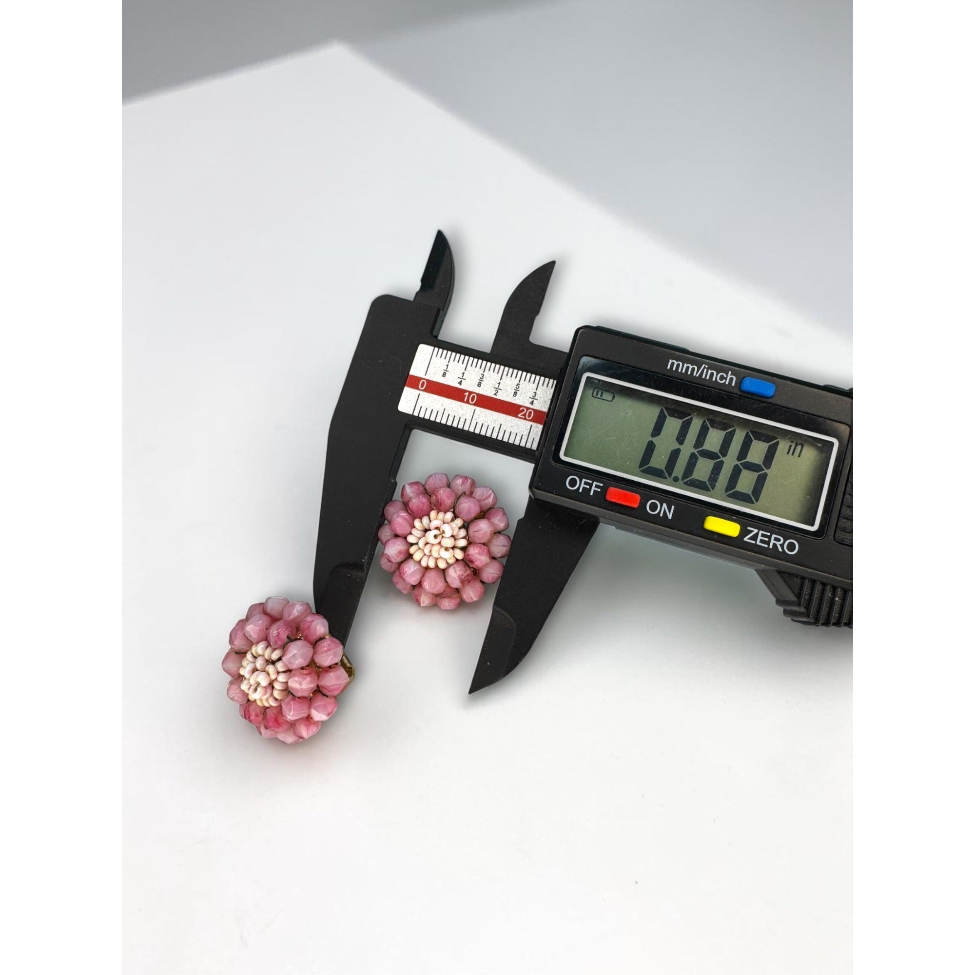 Vogue Pink Glass Beaded Cluster Flower Clip On Earrings Gold Tone Vintage 1960s