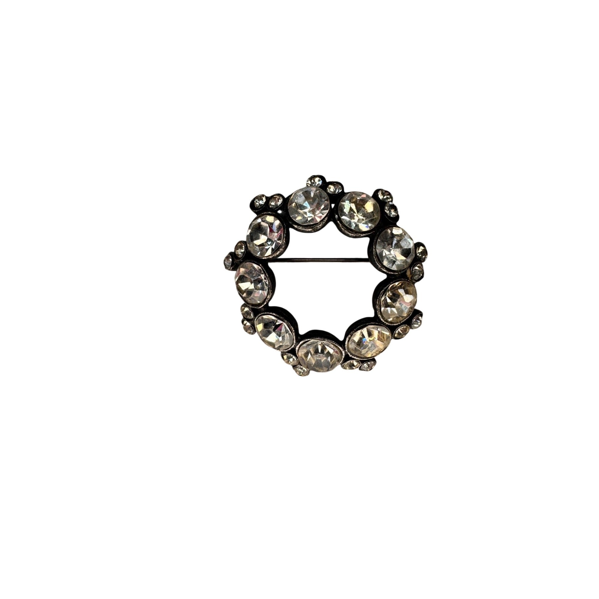Round Crystal Wreath Brooch Silver Tone Pot Metal Unsigned Vintage