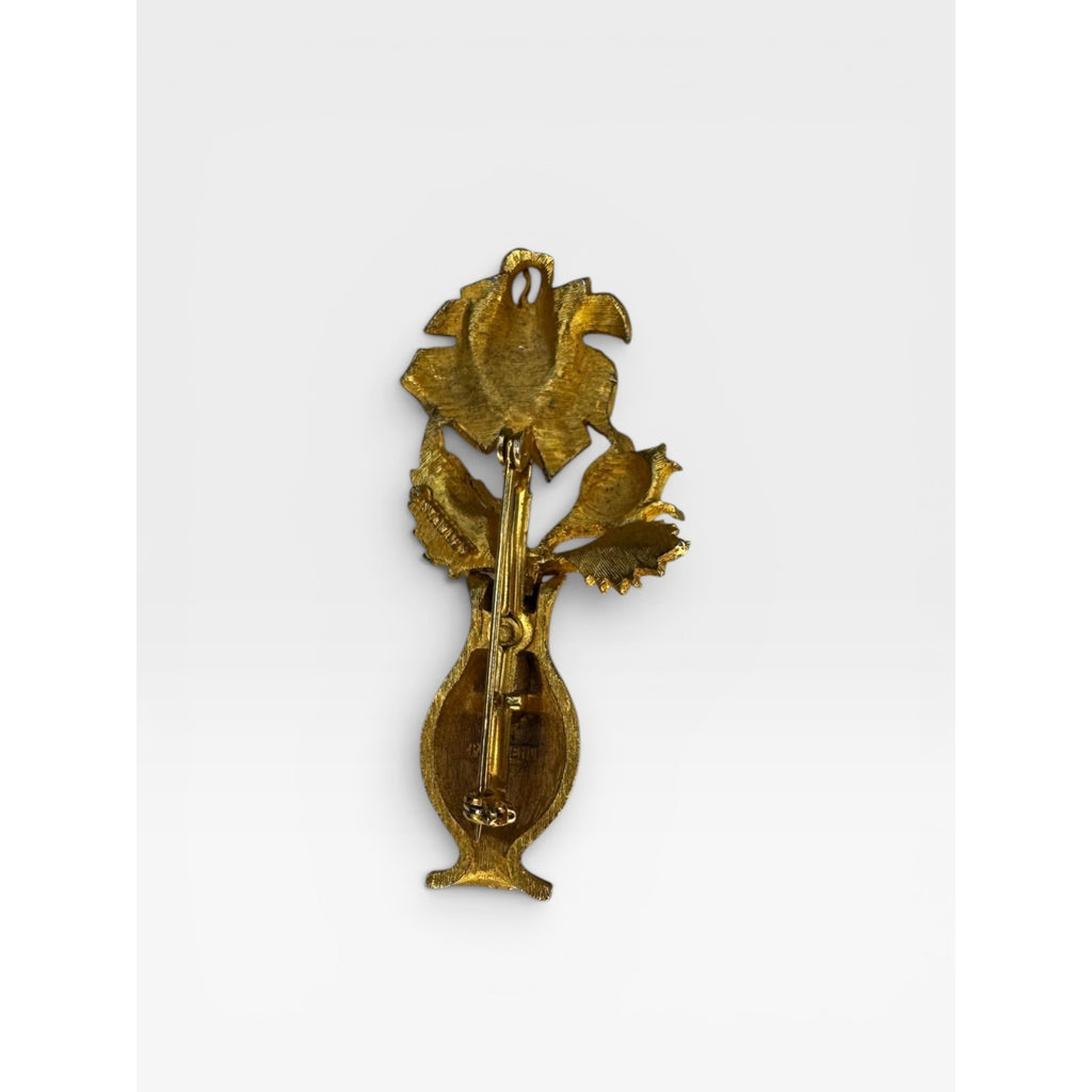 Stanley Convertible Rose in Vase Brooch Stickpin Gold Tone Vintage 1965-1971