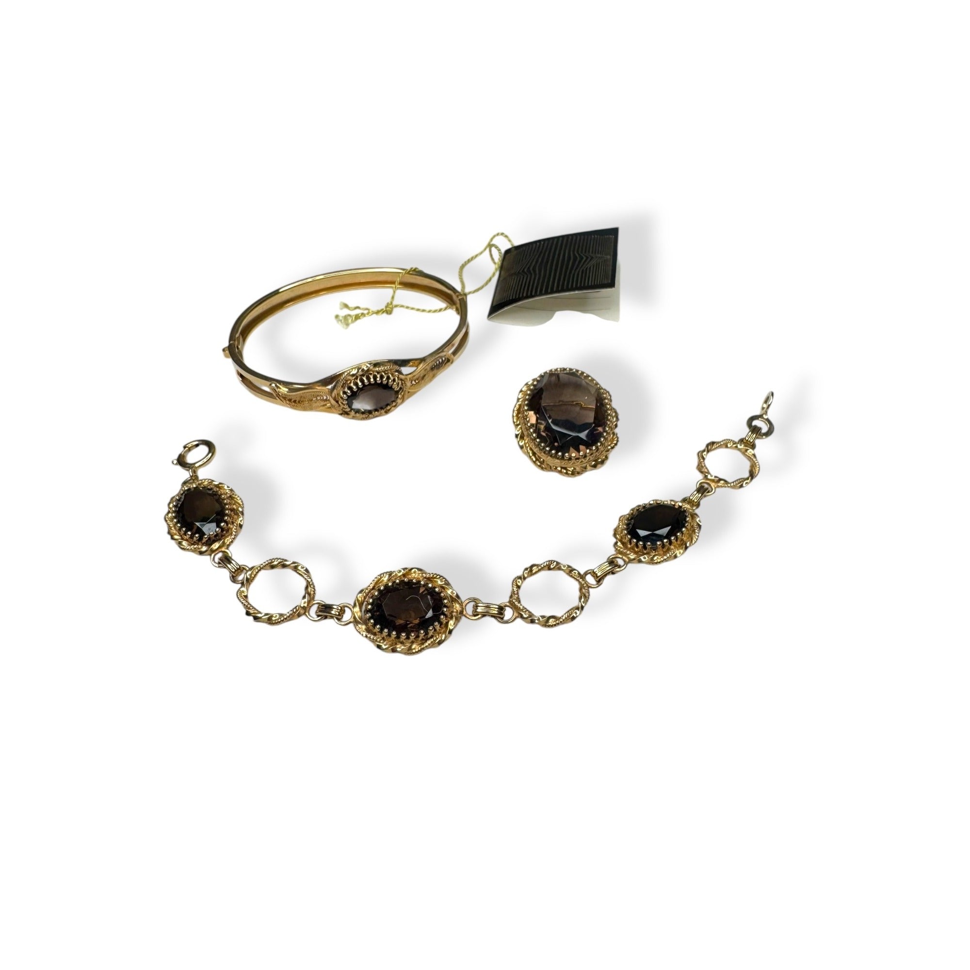 L Fonts 12K GF Smoky Quartz Jewelry Set Bangle Bracelet Brooch Pendant