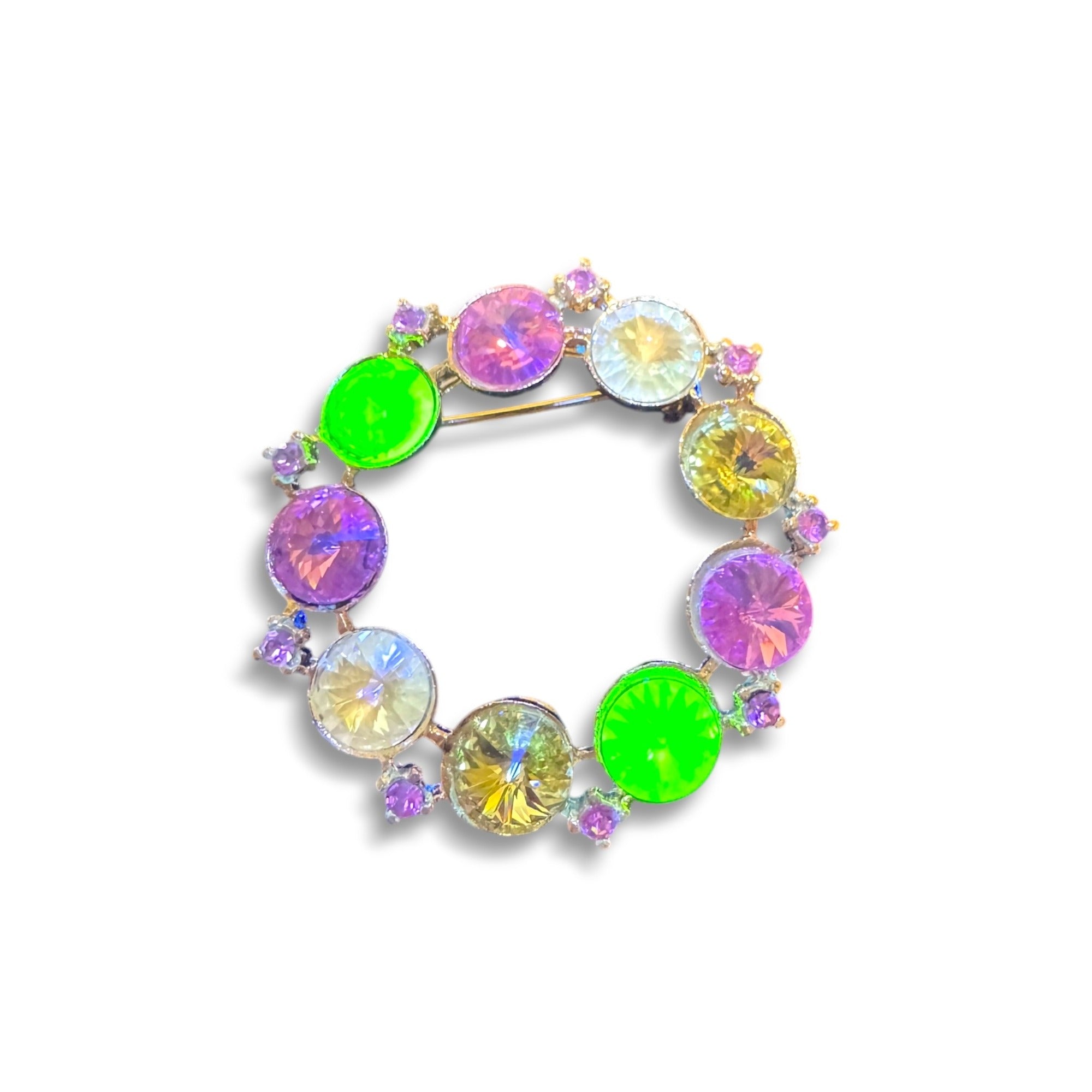 Alex & Ani Colorful Gold-Tone Circle Rhinestone Brooch Signed Uranium Glass Glow