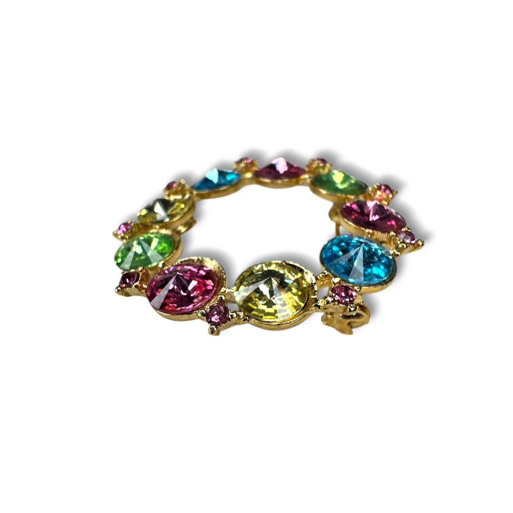 Alex & Ani Colorful Gold-Tone Circle Rhinestone Brooch Signed Uranium Glass Glow