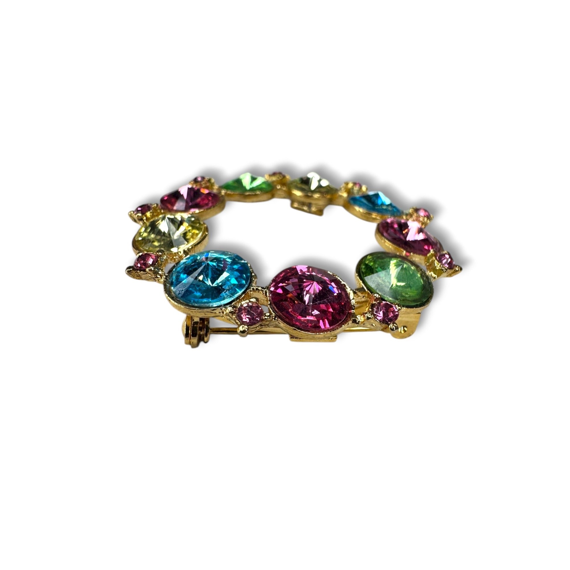 Alex & Ani Colorful Gold-Tone Circle Rhinestone Brooch Signed Uranium Glass Glow