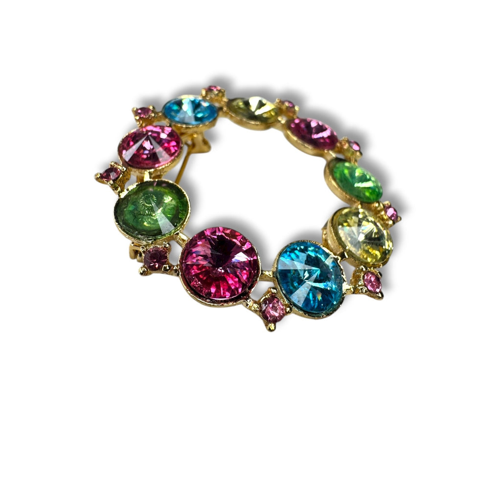 Alex & Ani Colorful Gold-Tone Circle Rhinestone Brooch Signed Uranium Glass Glow