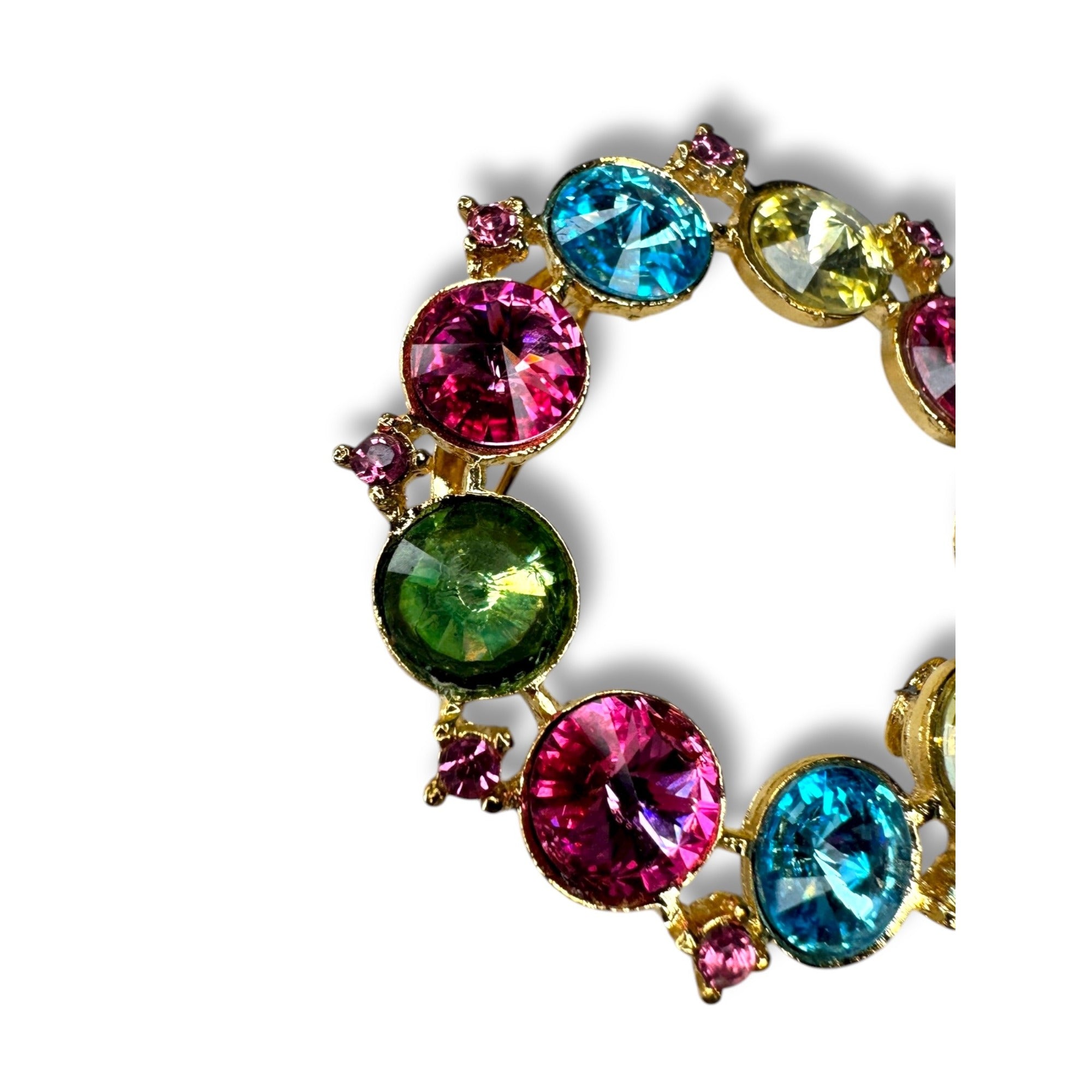 Alex & Ani Colorful Gold-Tone Circle Rhinestone Brooch Signed Uranium Glass Glow