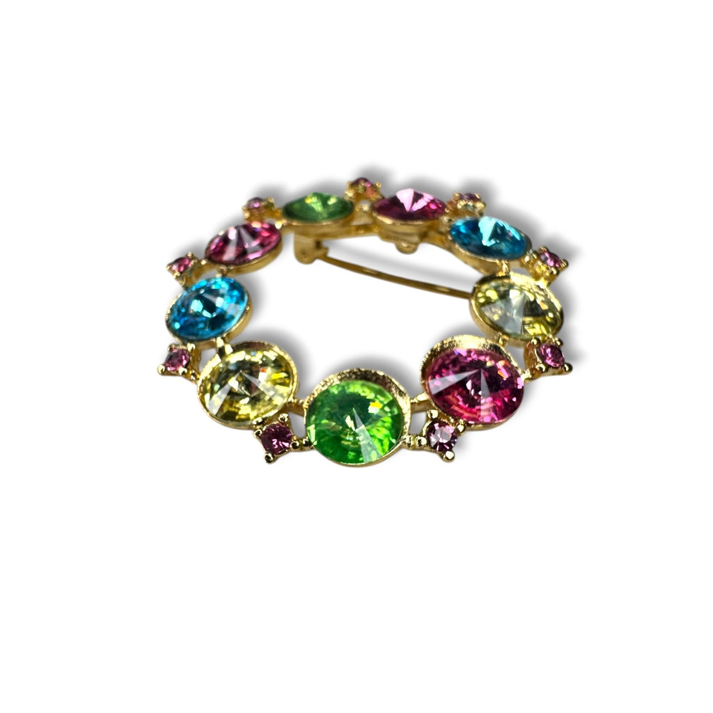 Alex & Ani Colorful Gold-Tone Circle Rhinestone Brooch Signed Uranium Glass Glow