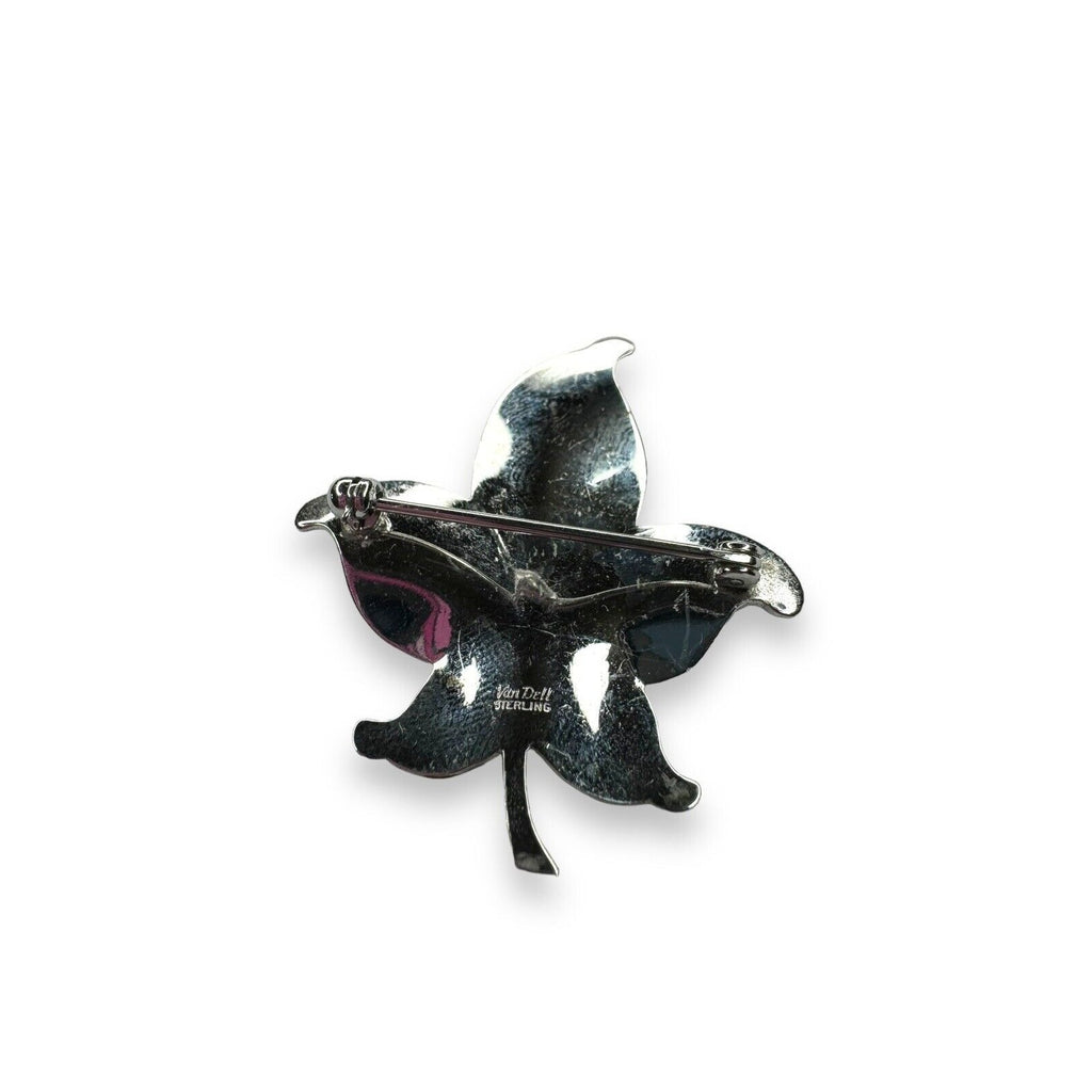 Vintage Van Dell Sterling Enamel Leaf Brooch Silver 1.41"