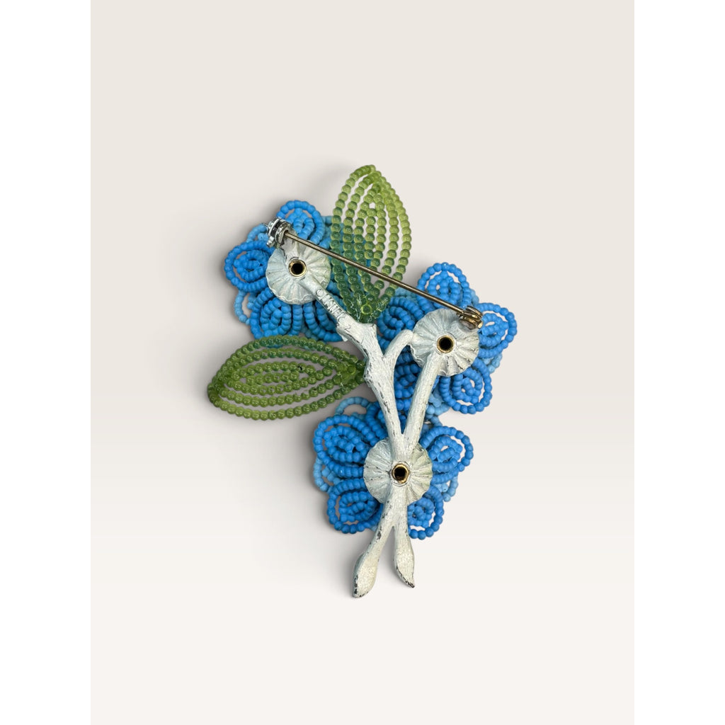 Lisner Vintage 1960s Molded Plastic Blue Flower Green Leaf Brooch Pin 2.96"