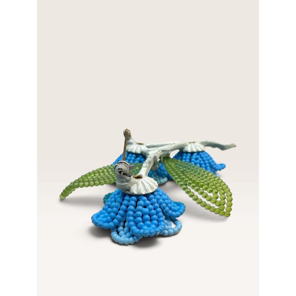 Lisner Vintage 1960s Molded Plastic Blue Flower Green Leaf Brooch Pin 2.96"