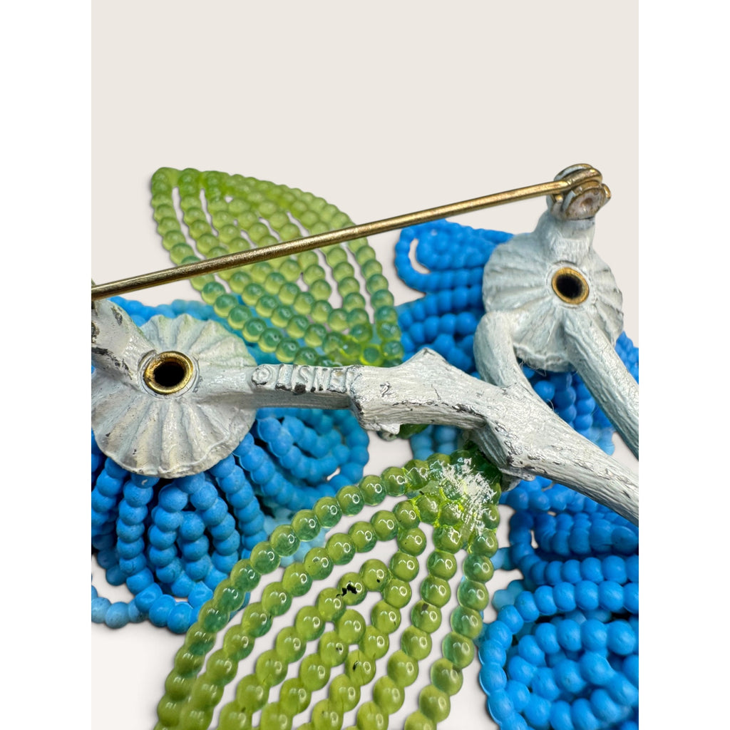 Lisner Vintage 1960s Molded Plastic Blue Flower Green Leaf Brooch Pin 2.96"