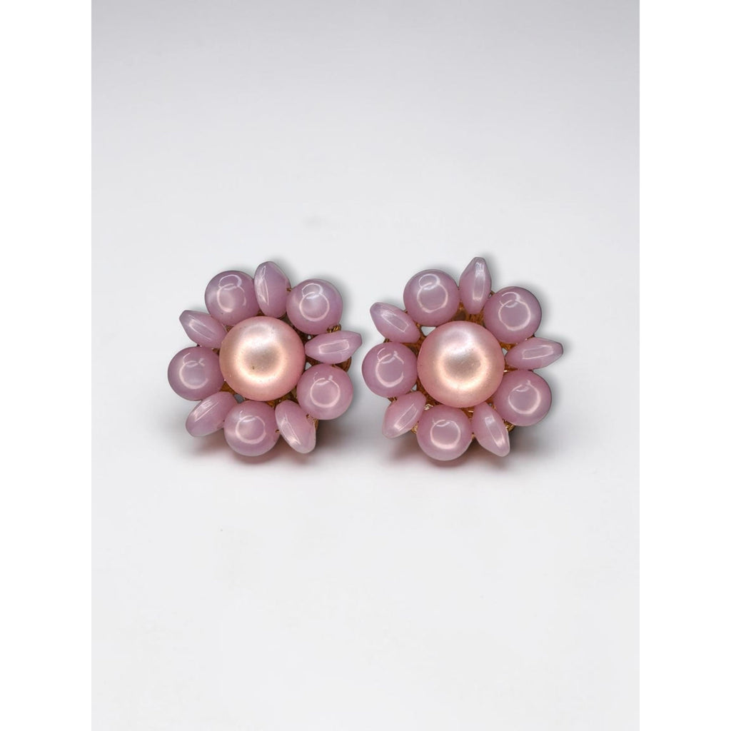 Moonglow Lucite Pink Floral Cluster Clip On Earrings Faux Pearl 1960s Vintage