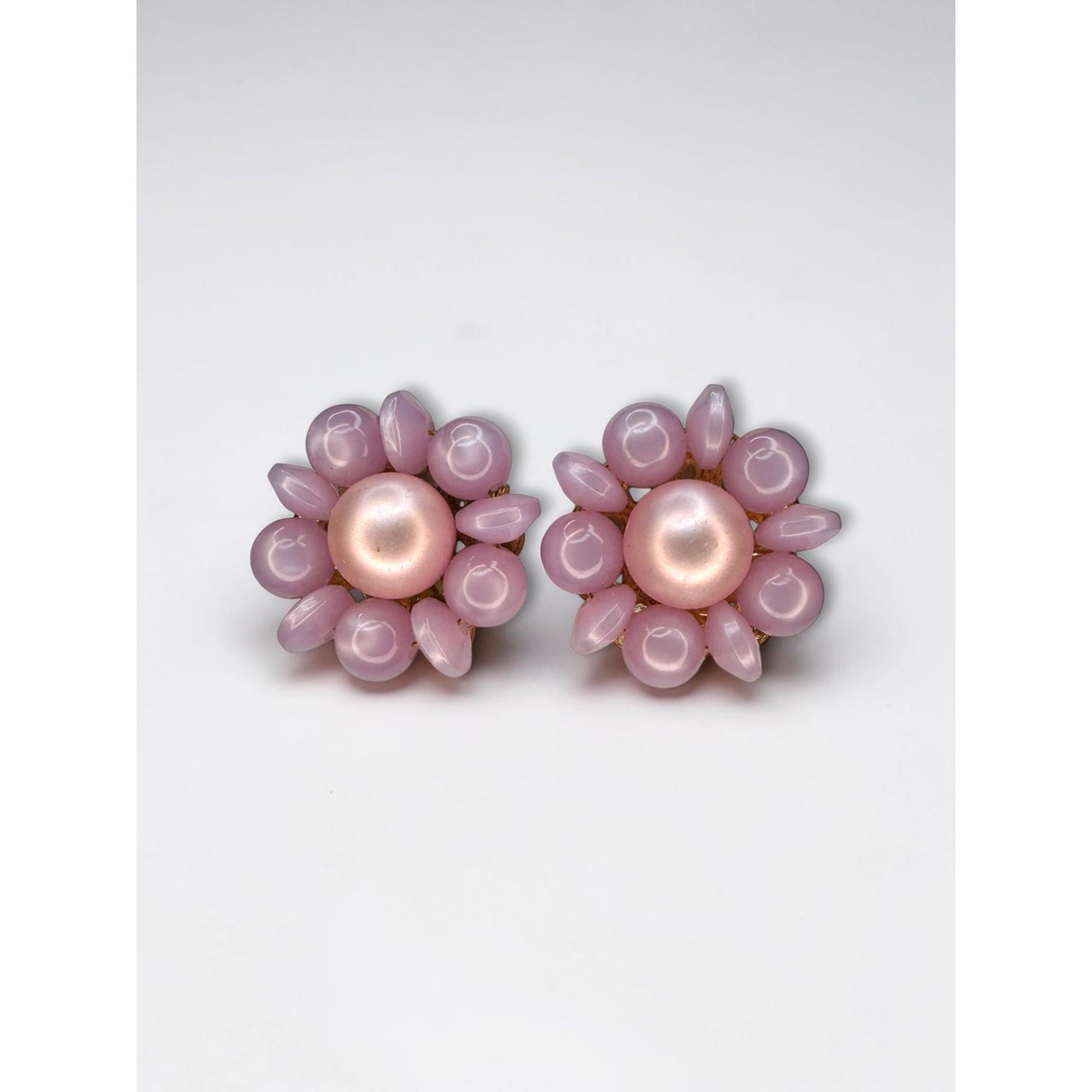 Moonglow Lucite Pink Floral Cluster Clip On Earrings Faux Pearl 1960s Vintage