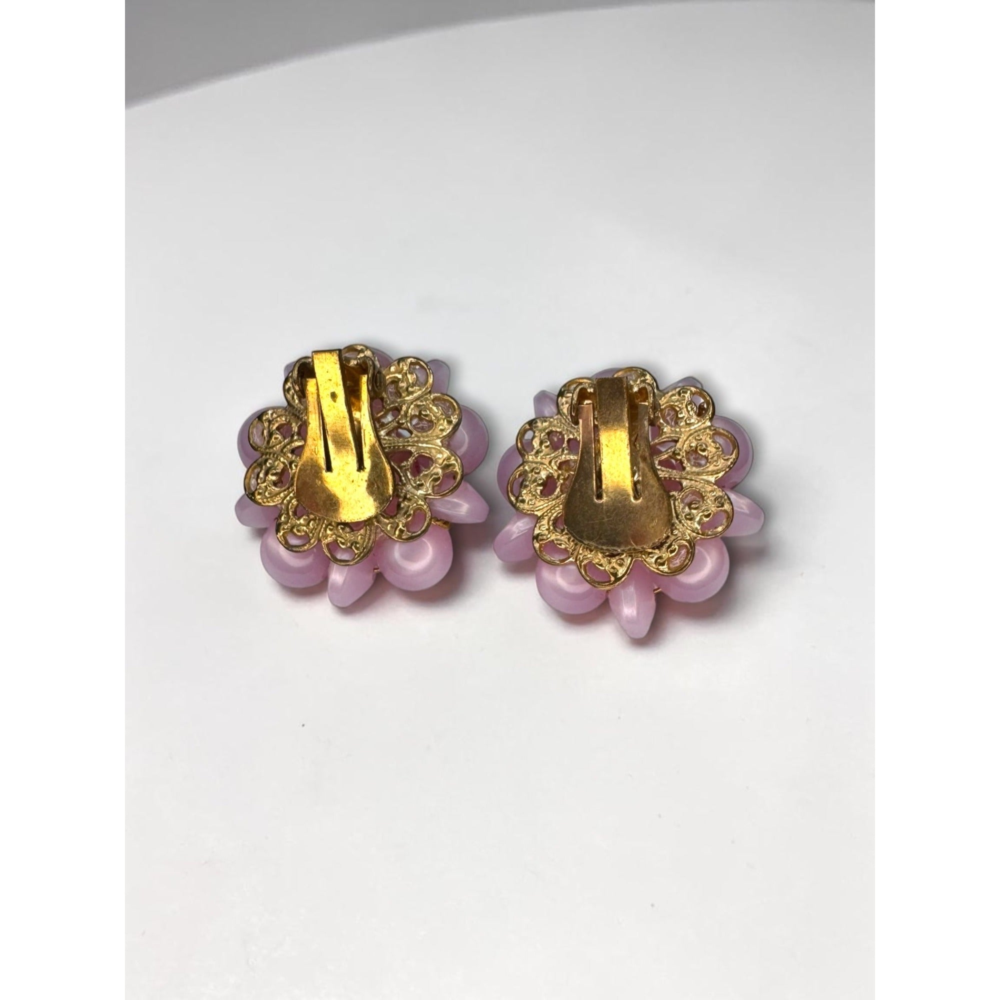 Moonglow Lucite Pink Floral Cluster Clip On Earrings Faux Pearl 1960s Vintage