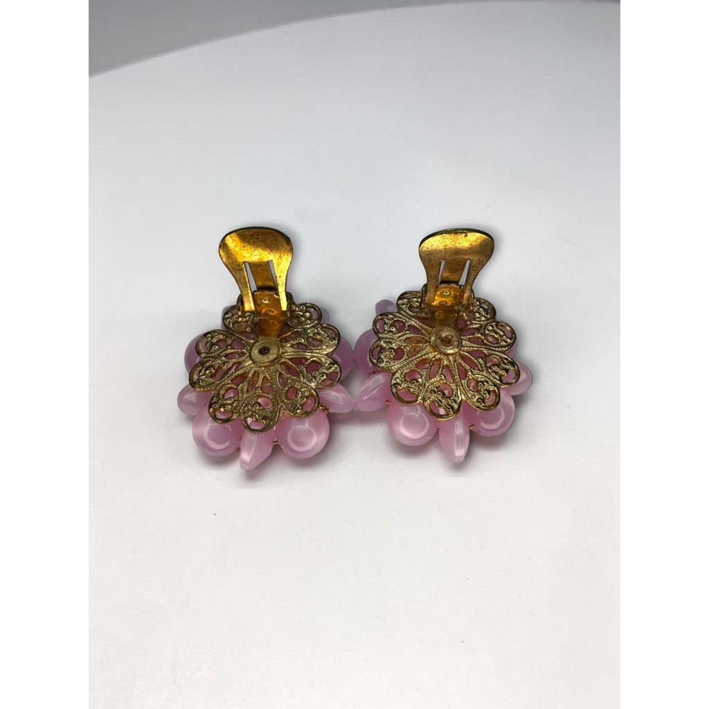 Moonglow Lucite Pink Floral Cluster Clip On Earrings Faux Pearl 1960s Vintage