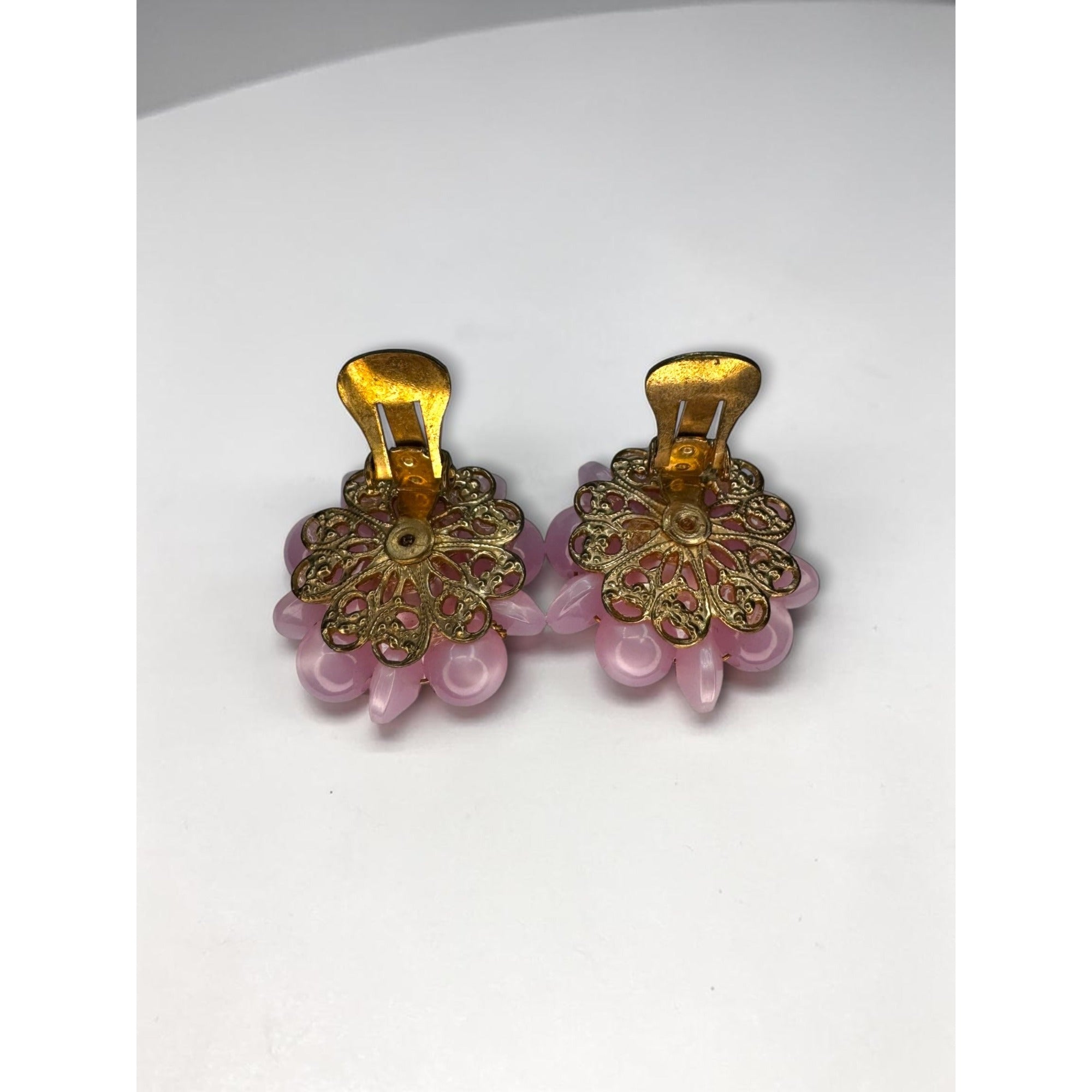 Moonglow Lucite Pink Floral Cluster Clip On Earrings Faux Pearl 1960s Vintage