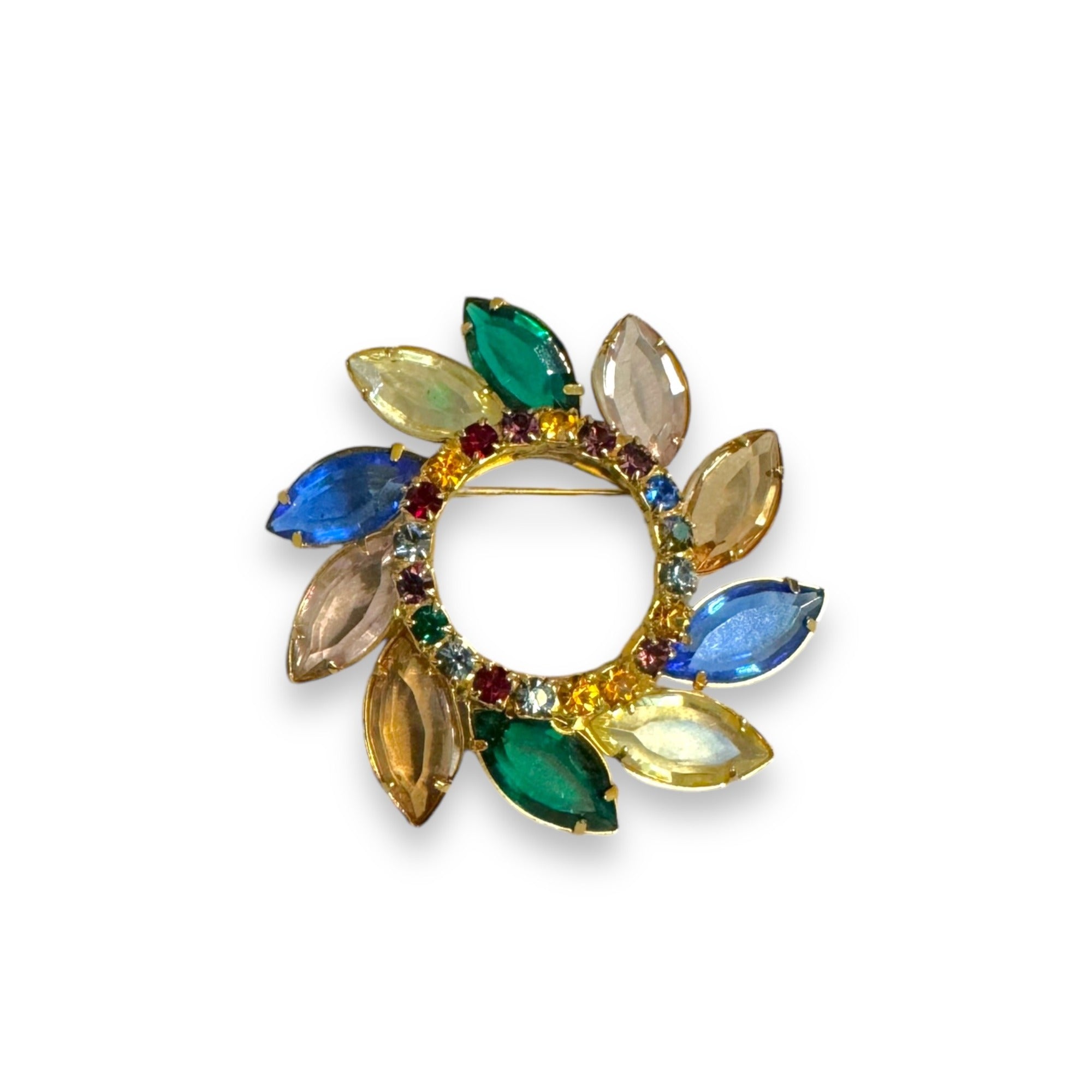 Vintage Multicolor Crystal Circle Brooch Cadmium Uranium Glass Glow 1 7/8”