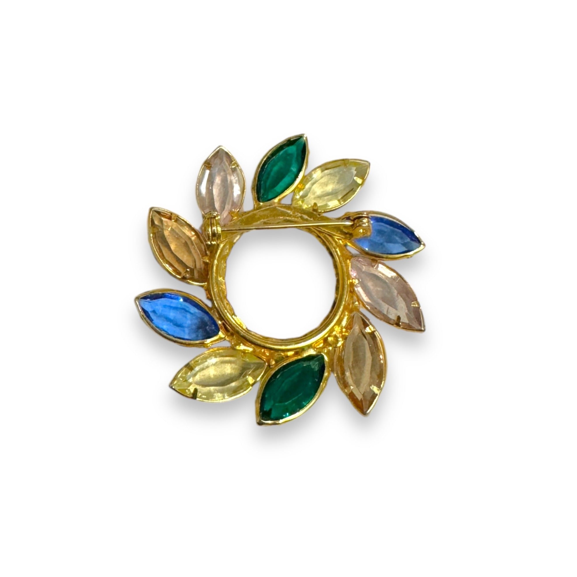 Vintage Multicolor Crystal Circle Brooch Cadmium Uranium Glass Glow 1 7/8”