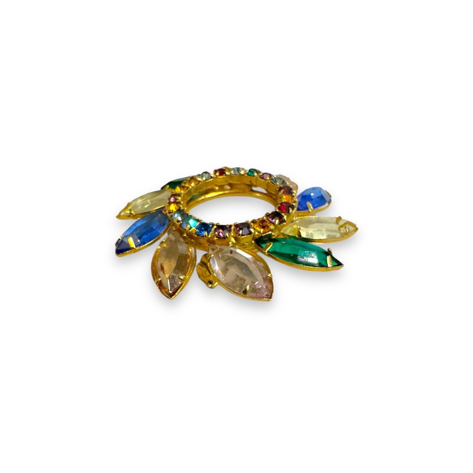 Vintage Multicolor Crystal Circle Brooch Cadmium Uranium Glass Glow 1 7/8”