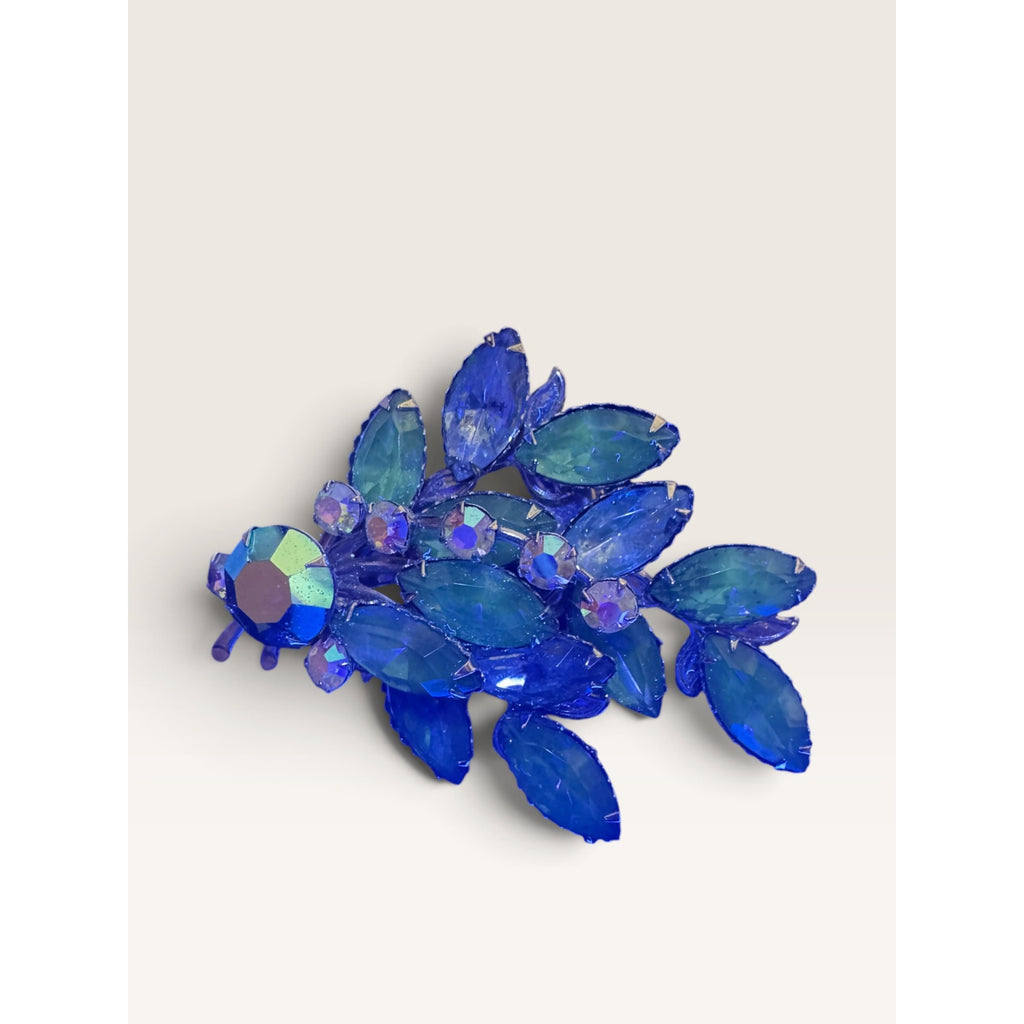 Vintage Blue Navette Rhinestone Manganese UV Glow Floral Spray Brooch Pin 2.32"