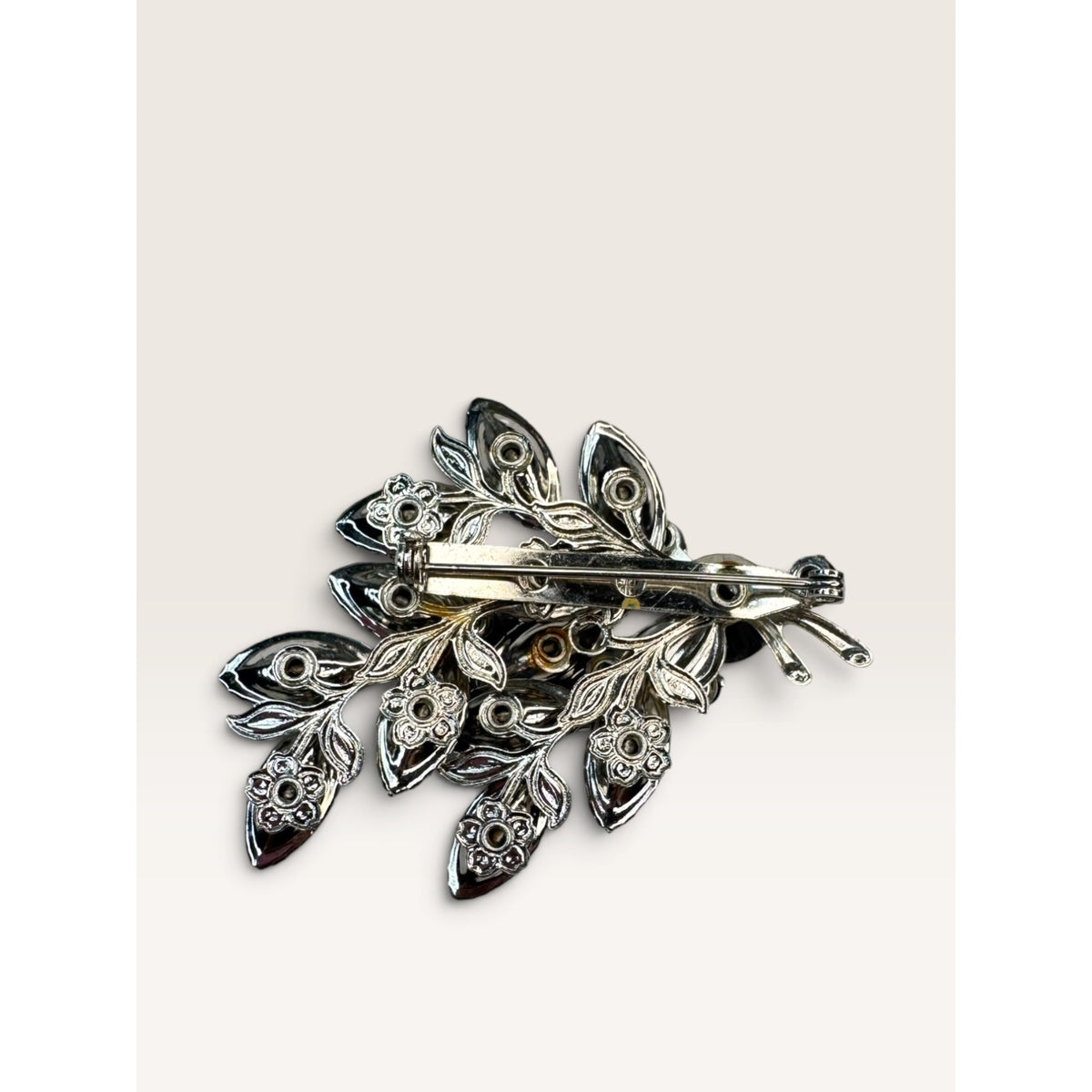 Vintage Blue Navette Rhinestone Manganese UV Glow Floral Spray Brooch Pin 2.32"