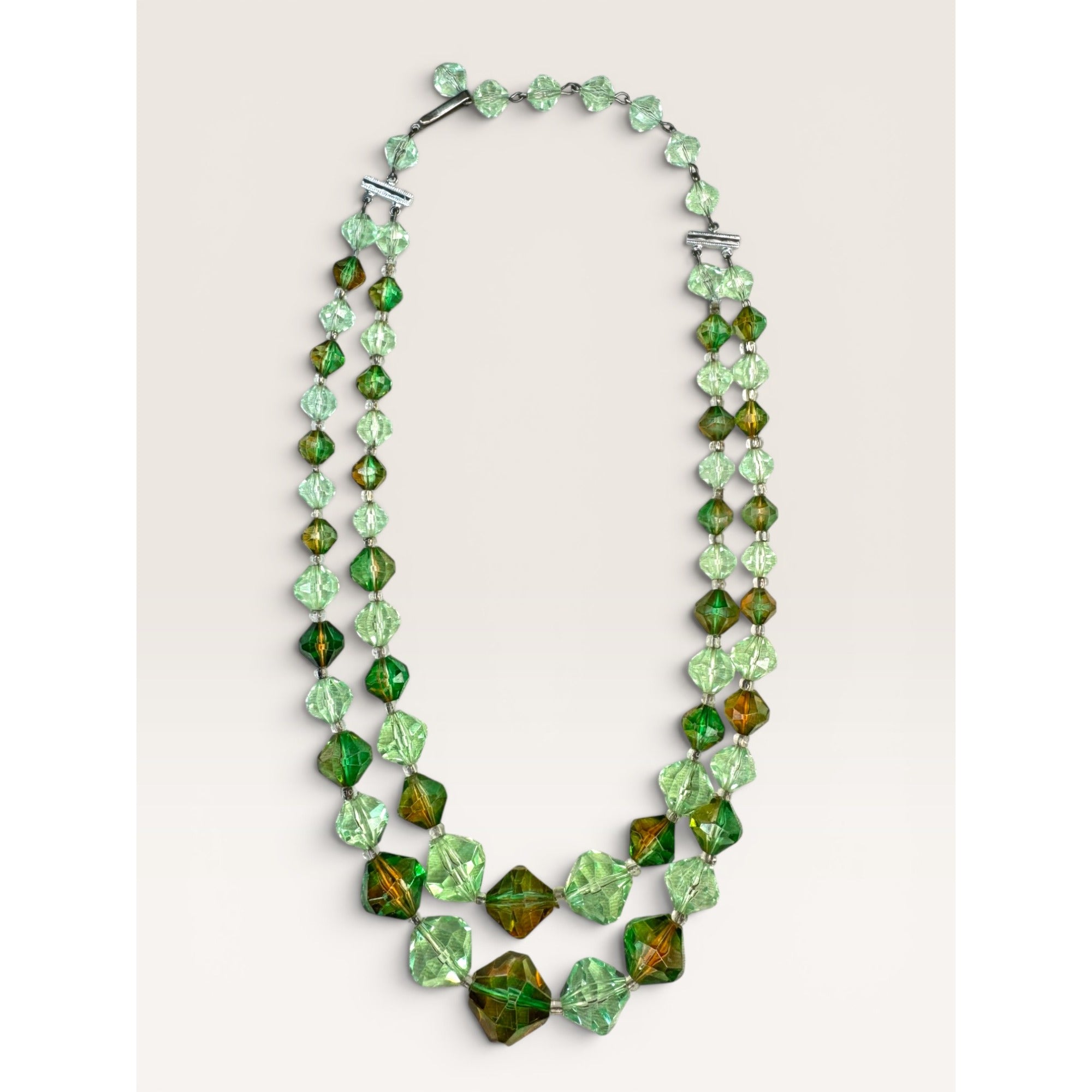 1950s W Germany Green Faceted Lucite Bead Double Strand Choker Necklace 18.25"