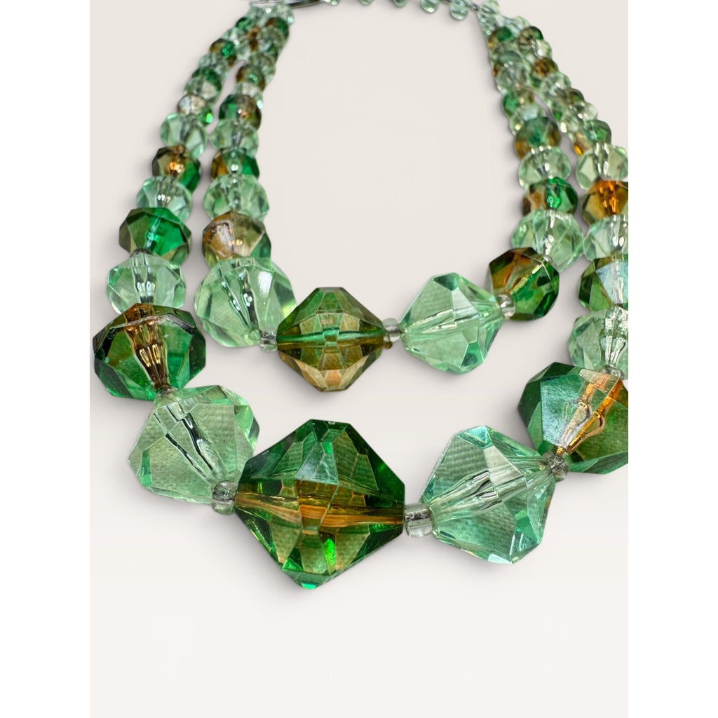 1950s W Germany Green Faceted Lucite Bead Double Strand Choker Necklace 18.25"