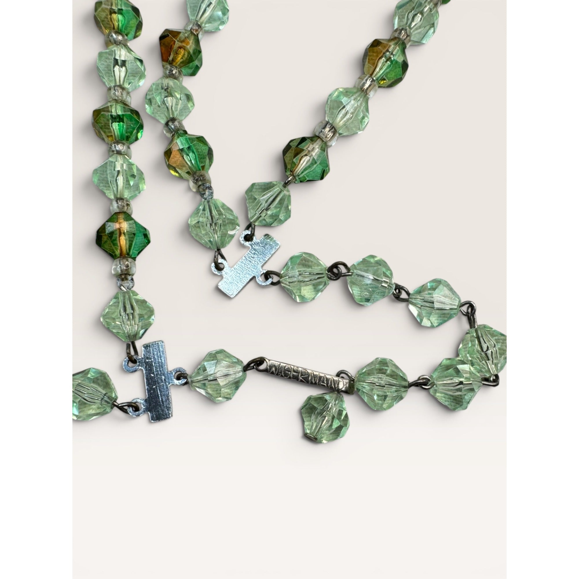 1950s W Germany Green Faceted Lucite Bead Double Strand Choker Necklace 18.25"