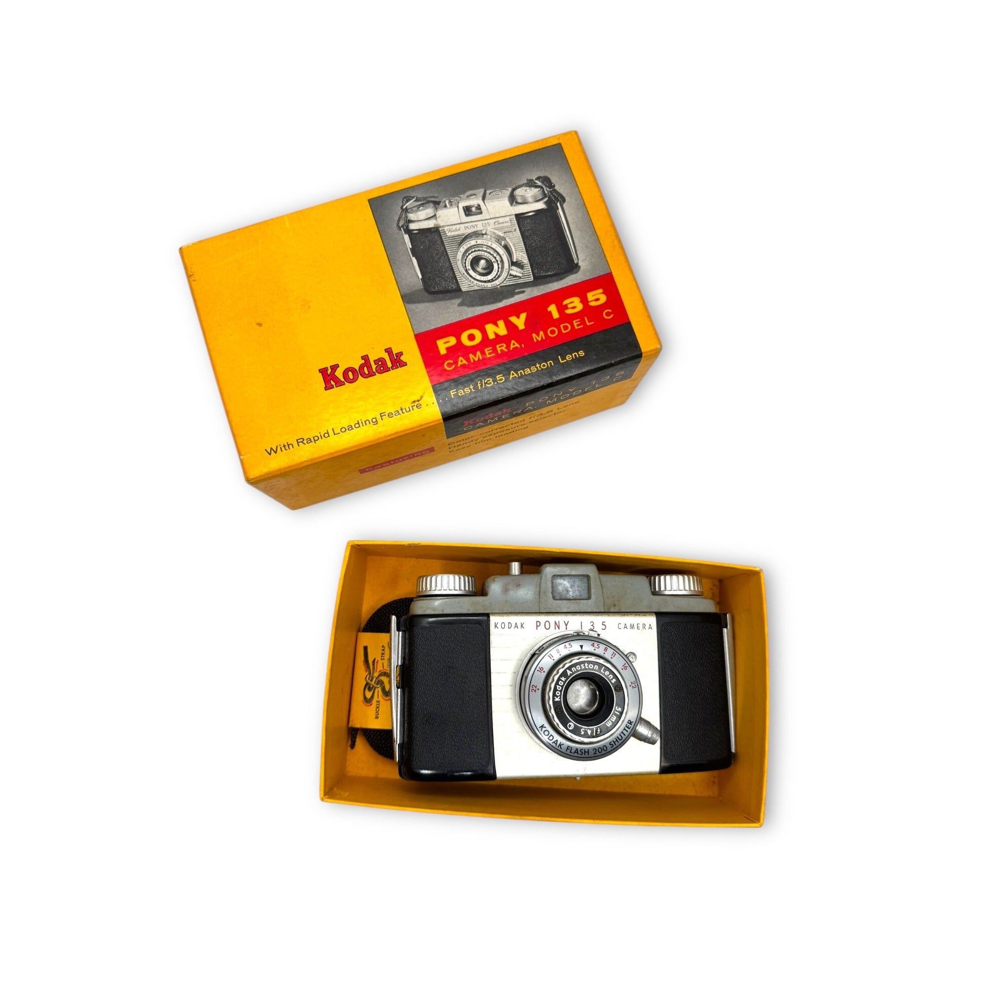 Kodak Pony 135 Camera Model C Anaston Lens 44mm F/3.5 200 Shutter Original Box