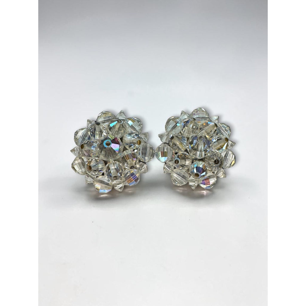 Laguna AB Crystal Bead Cluster Clip On Earrings Silver Tone Round Vintage