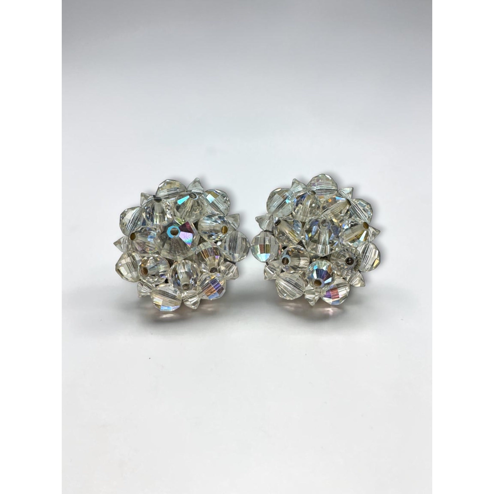 Laguna AB Crystal Bead Cluster Clip On Earrings Silver Tone Round Vintage