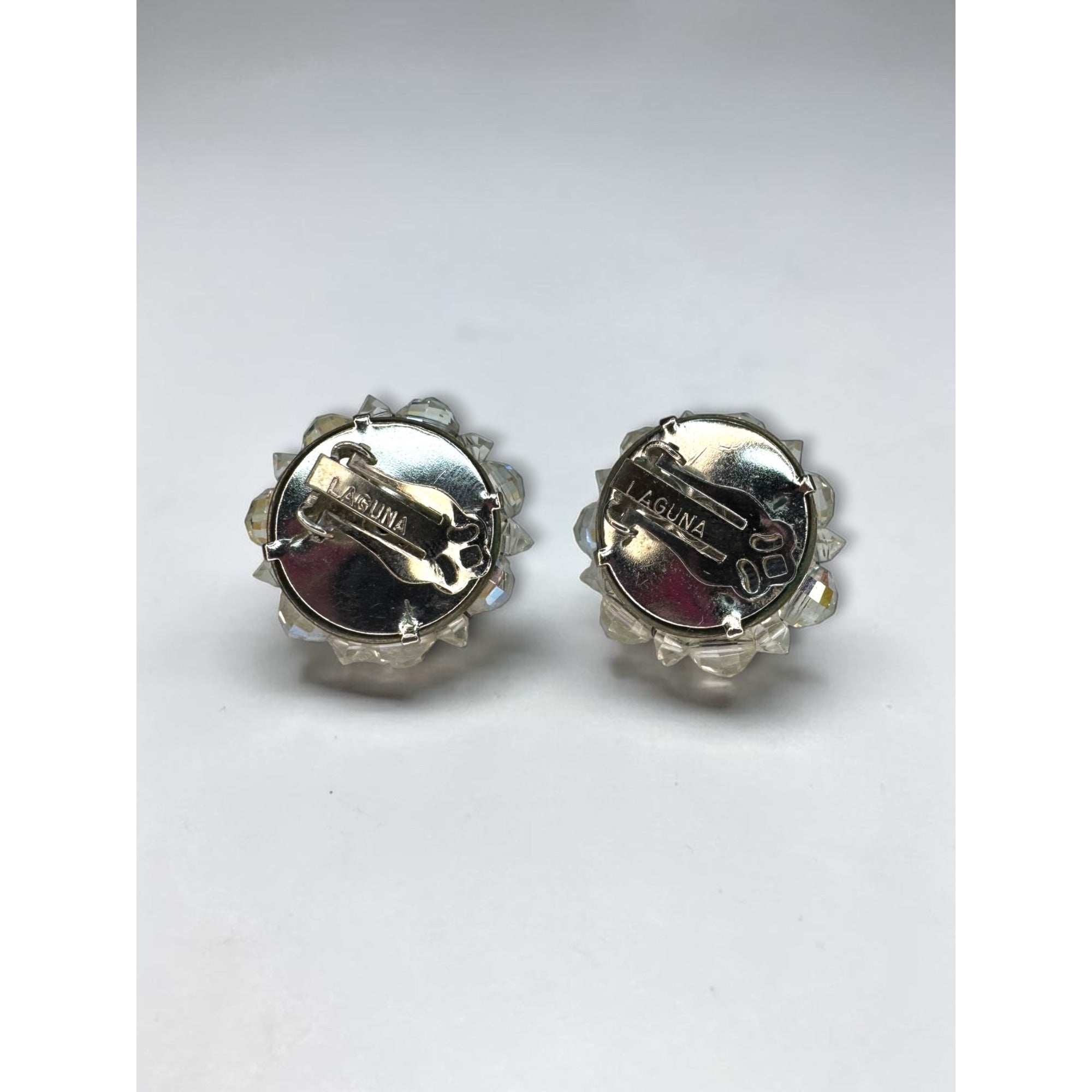 Laguna AB Crystal Bead Cluster Clip On Earrings Silver Tone Round Vintage