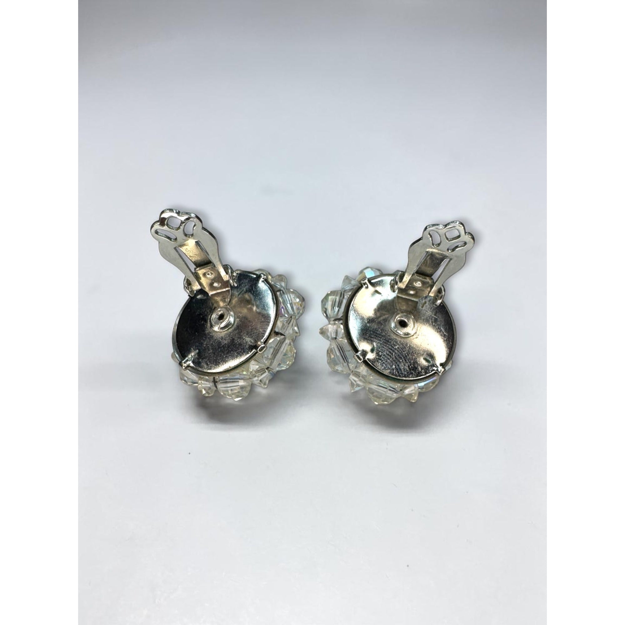 Laguna AB Crystal Bead Cluster Clip On Earrings Silver Tone Round Vintage