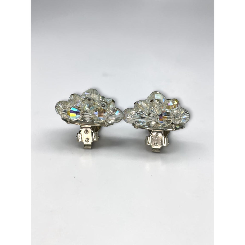 Laguna AB Crystal Bead Cluster Clip On Earrings Silver Tone Round Vintage