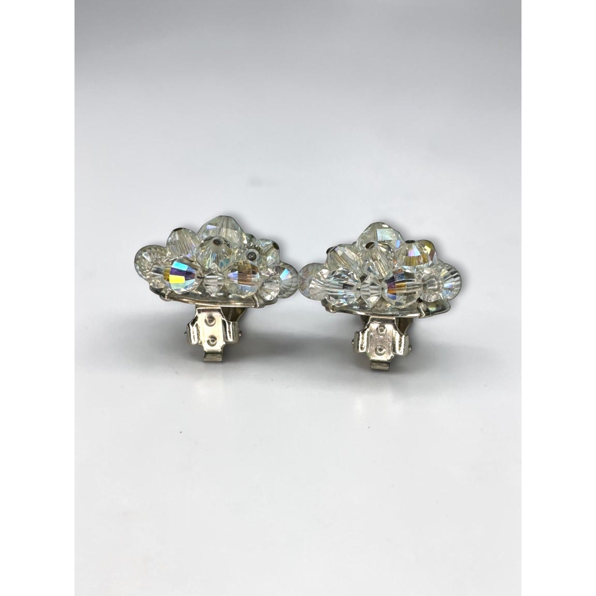 Laguna AB Crystal Bead Cluster Clip On Earrings Silver Tone Round Vintage