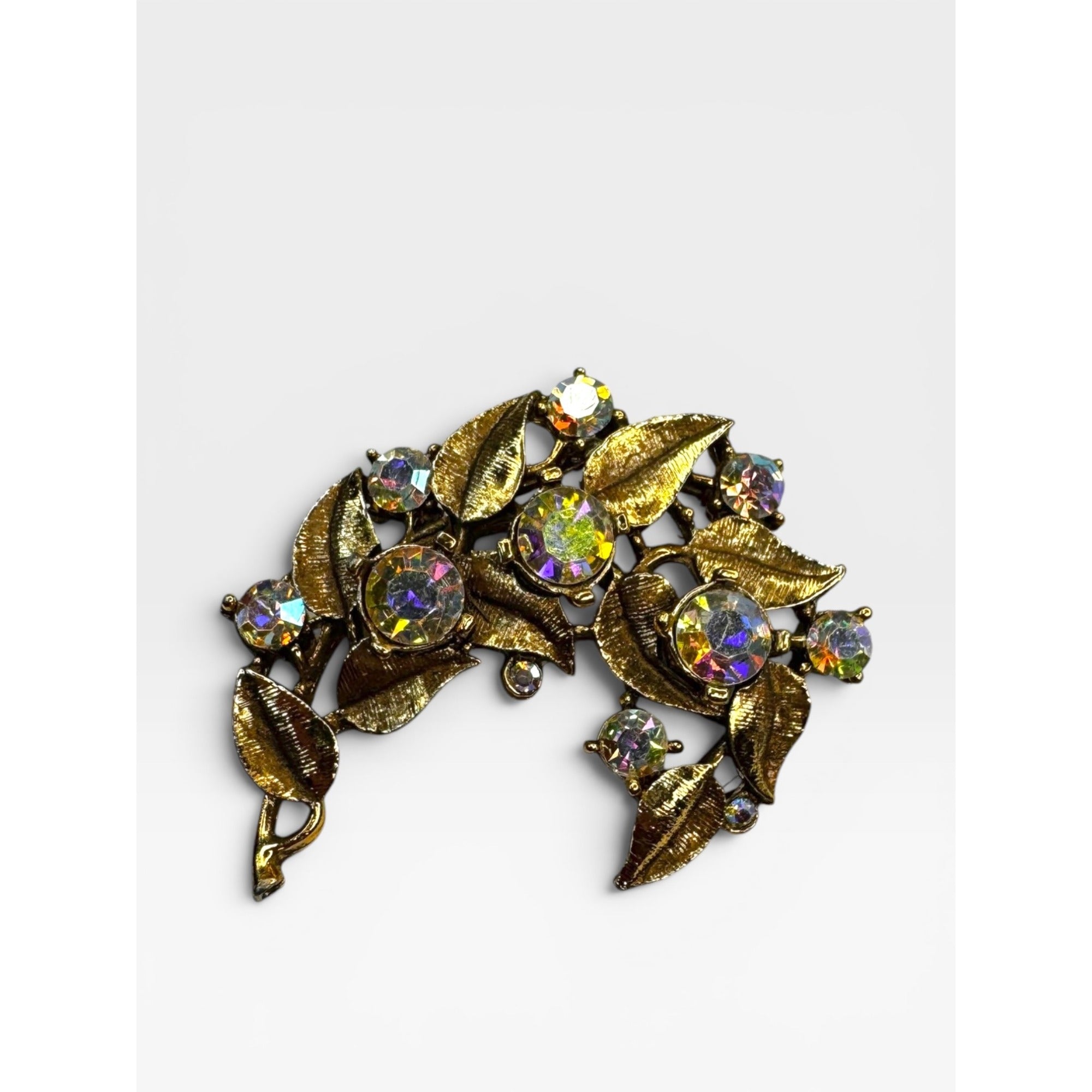 Aurora Borealis Crystal Floral Brooch Gold Tone Leaf Pin Vintage 1960s