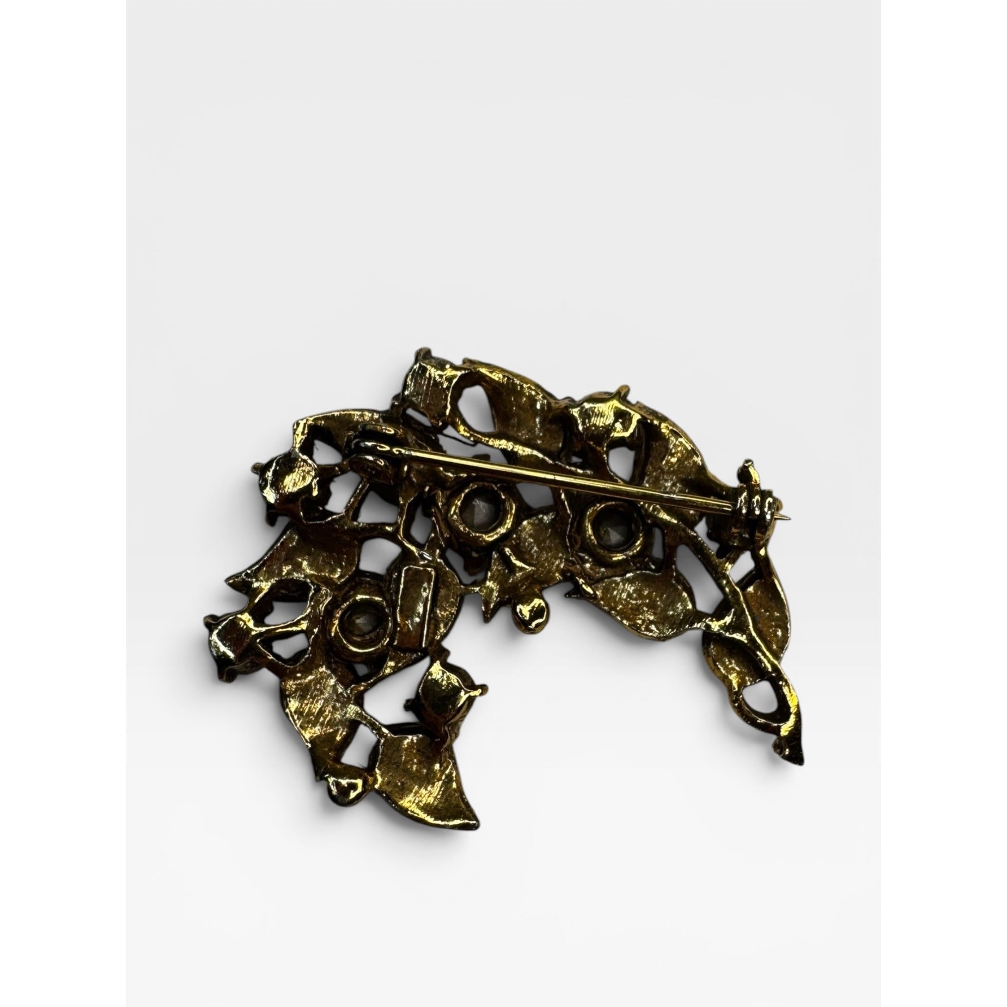 Aurora Borealis Crystal Floral Brooch Gold Tone Leaf Pin Vintage 1960s