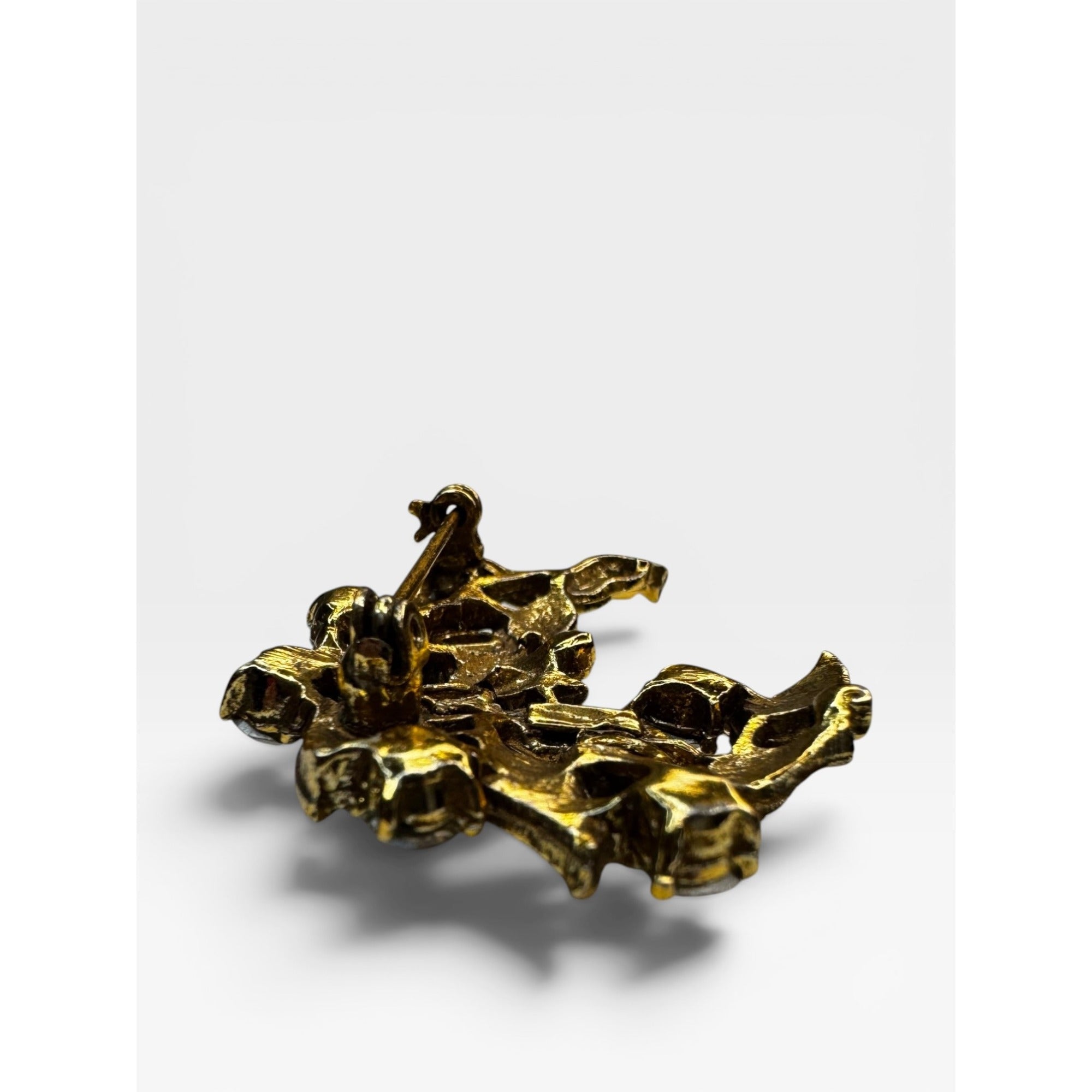 Aurora Borealis Crystal Floral Brooch Gold Tone Leaf Pin Vintage 1960s