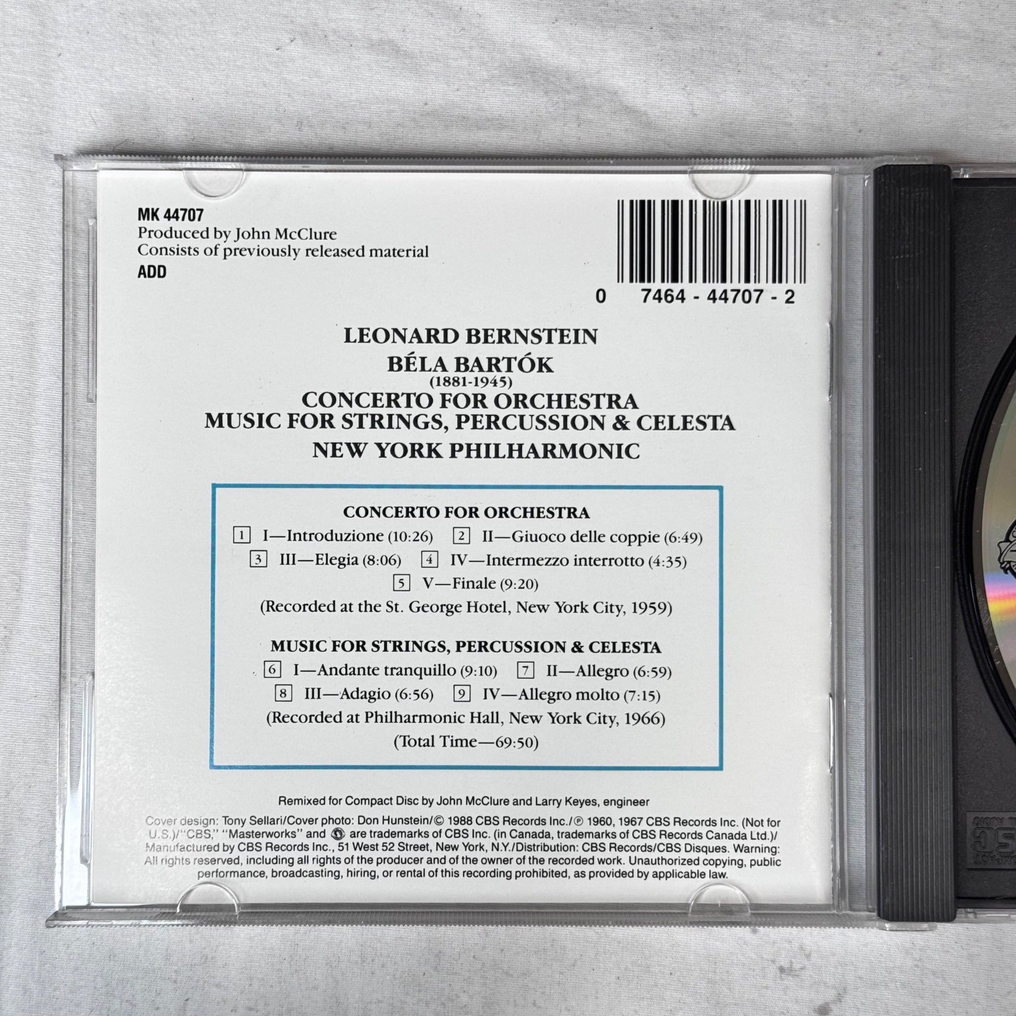 Leonard Bernstein Béla Bartók Concerto CD CBS Masterworks New York Philharmonic