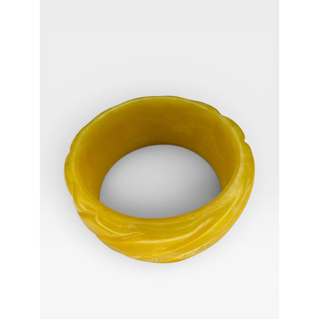 Carved Butterscotch Swirl Lucite Bangle Bracelet Vintage Wide Marbled Yellow