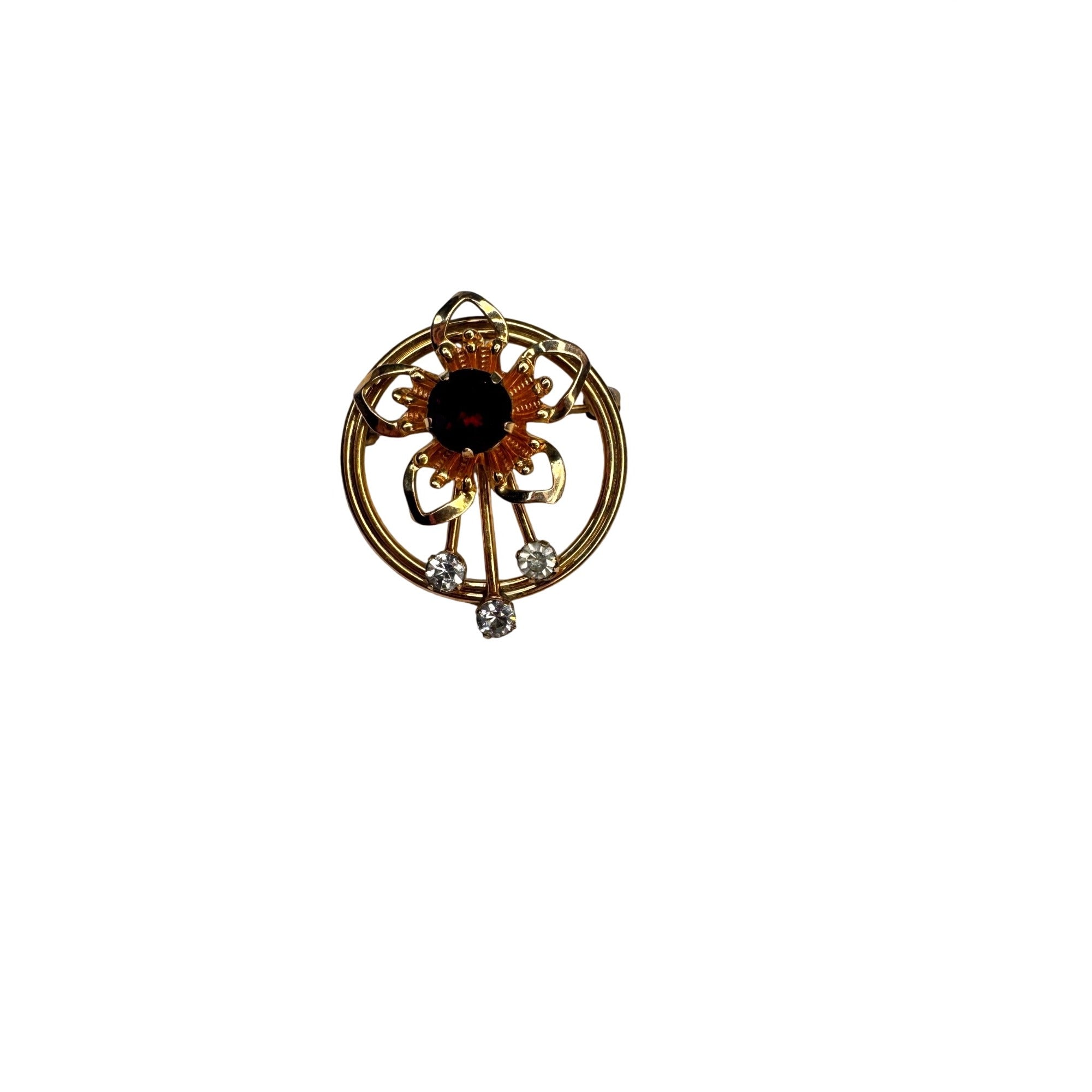 Van Dell Floral Circle Brooch Red Glass Crystal 12K GF 1960s Vintage