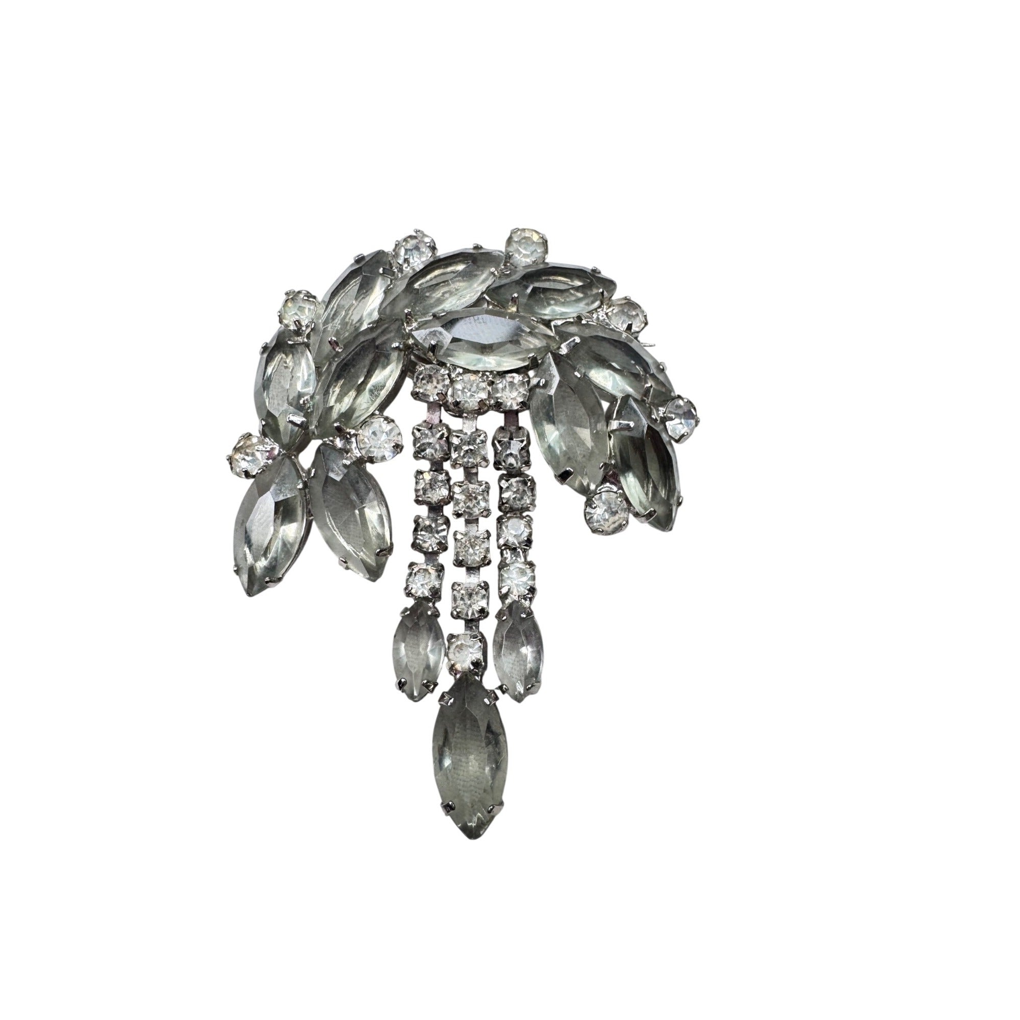 Unsigned Gray Clear Crystal Dangle Brooch Silver Tone Cascade 1950s Vintage