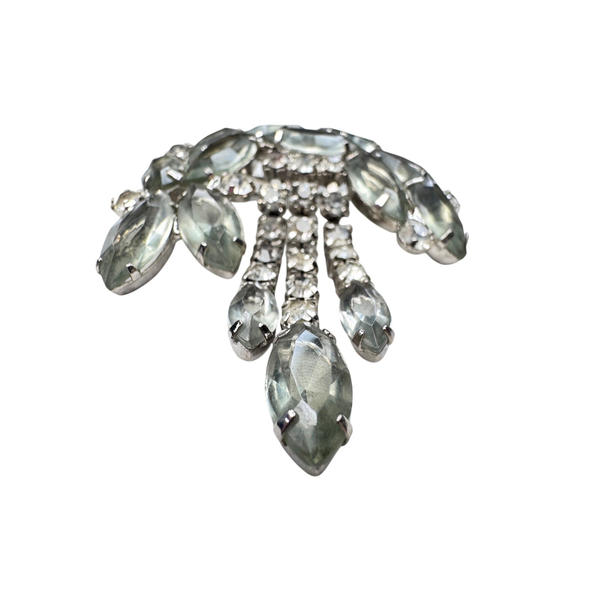 Unsigned Gray Clear Crystal Dangle Brooch Silver Tone Cascade 1950s Vintage