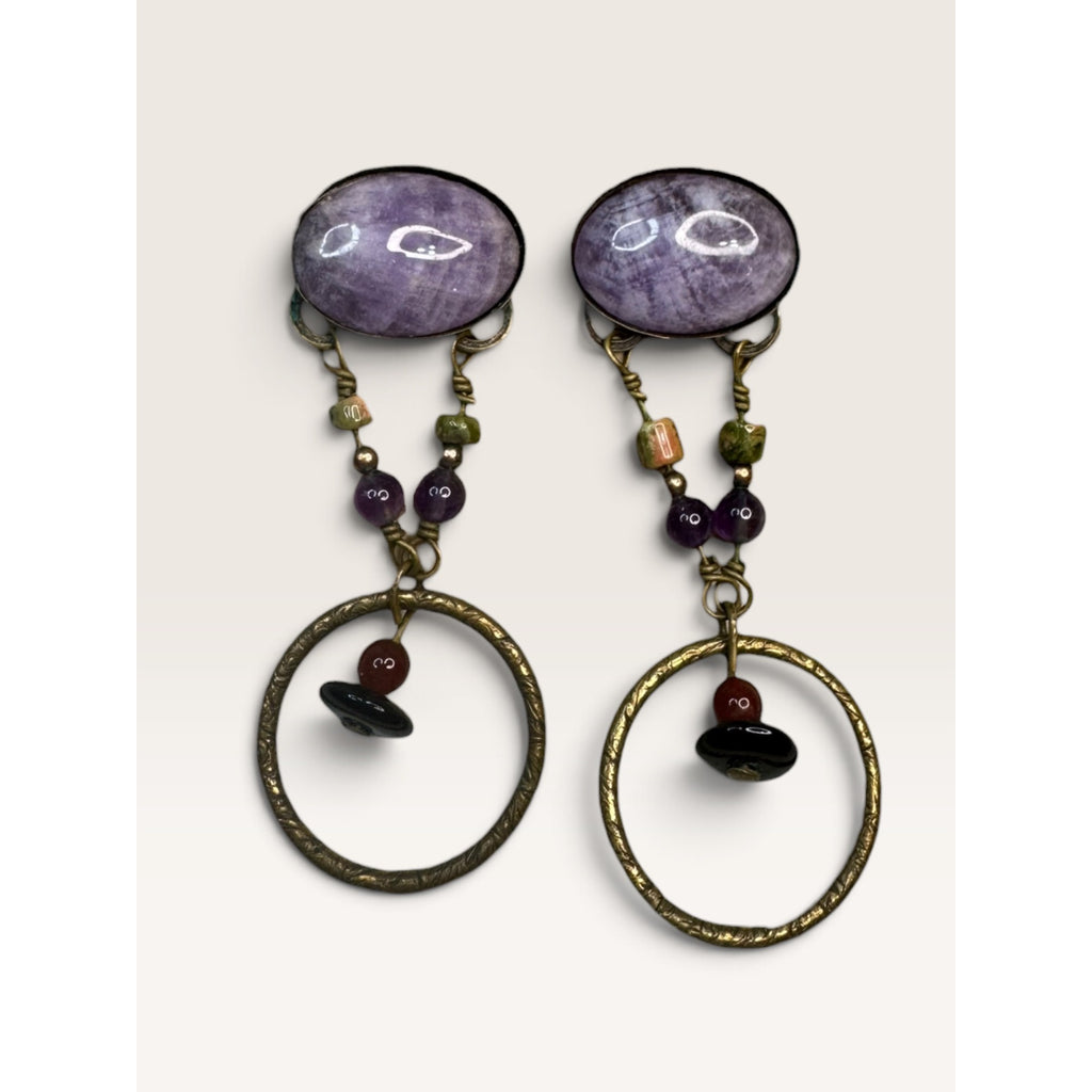 1990s Purple Amethyst Stone Beaded Hoop Dangle Pierced Earrings 2.28" Vintage