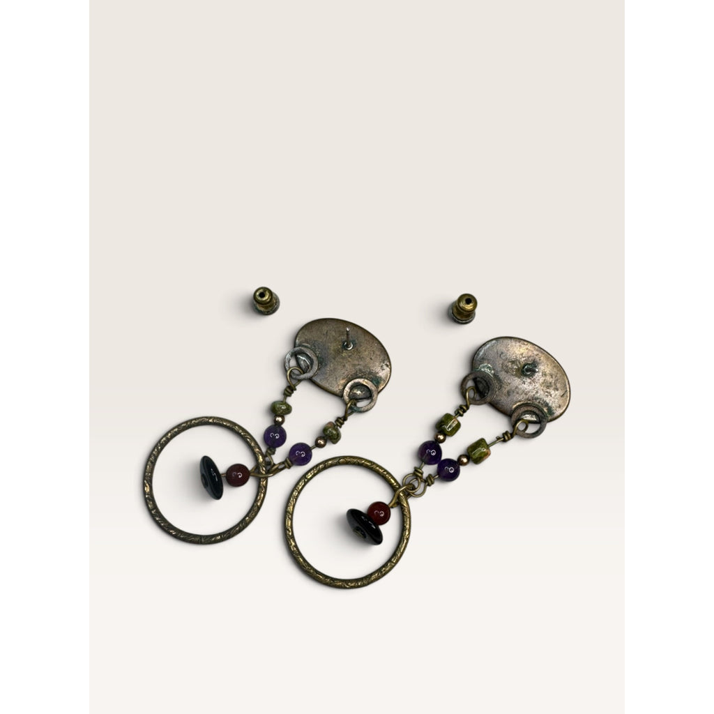 1990s Purple Amethyst Stone Beaded Hoop Dangle Pierced Earrings 2.28" Vintage